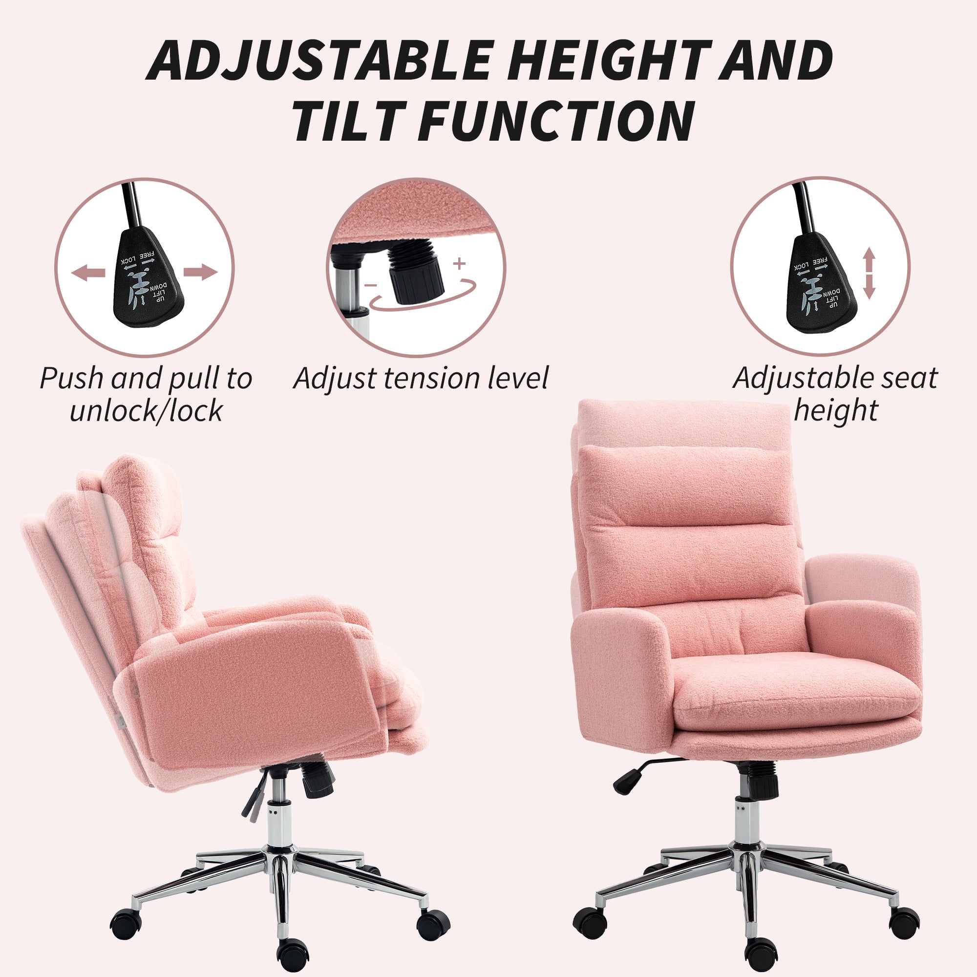 HOMCOM Home Office Chair, Upholstered Sherpa Fleece Desk Chair with Height Adjustable, Tilt Function and 360° Swivel Wheels for Home Office and Study Room, Pink - North Peak Garden Furniture