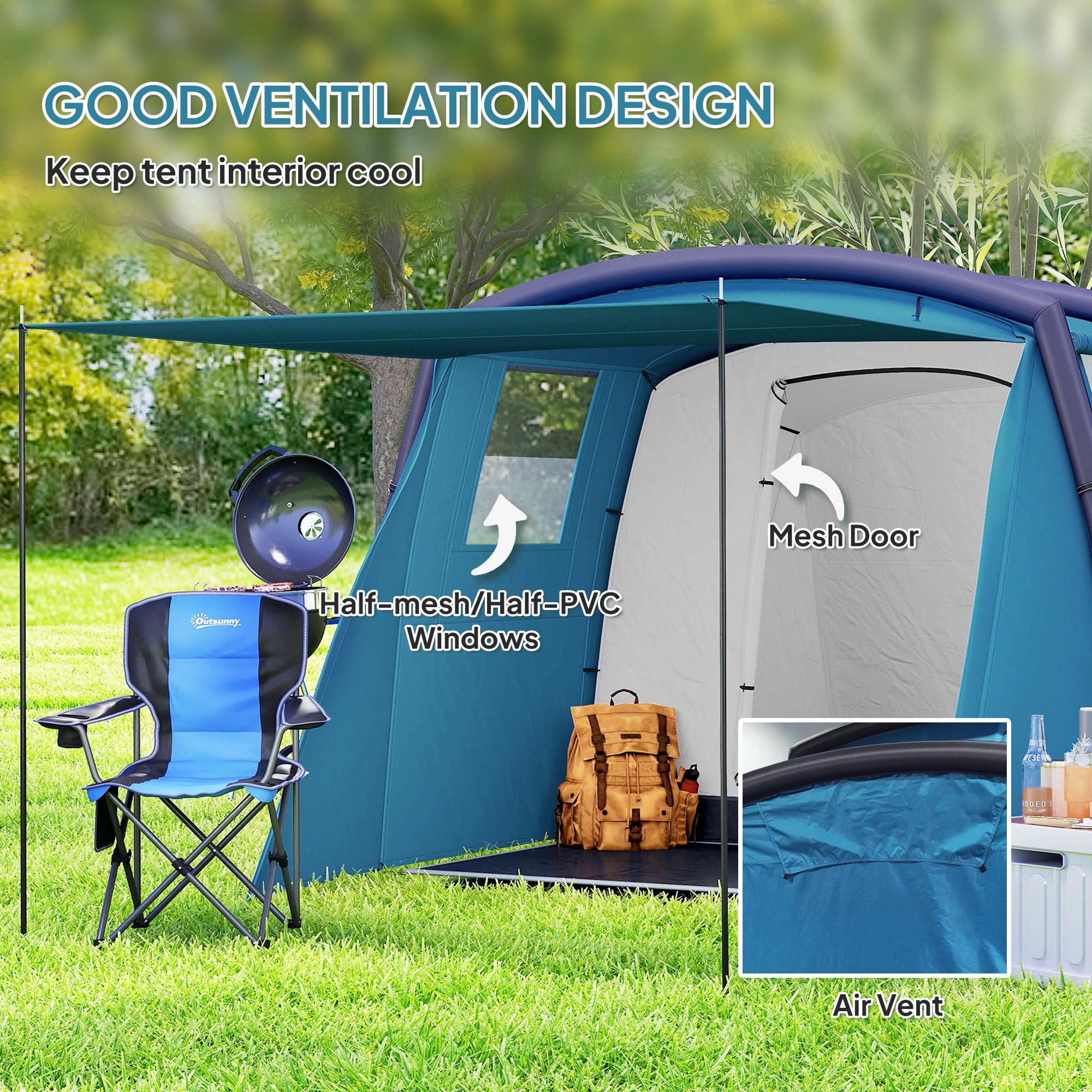 Outsunny Inflatable 3-4 Man Tunnel Tent w/ Air Pump, Living Area & Vestibule, Waterproof Family Camping Air Tent w/ Sewn In Groundsheet & Removable Footprint for Camping, Hiking, Blue - North Peak Garden Furniture