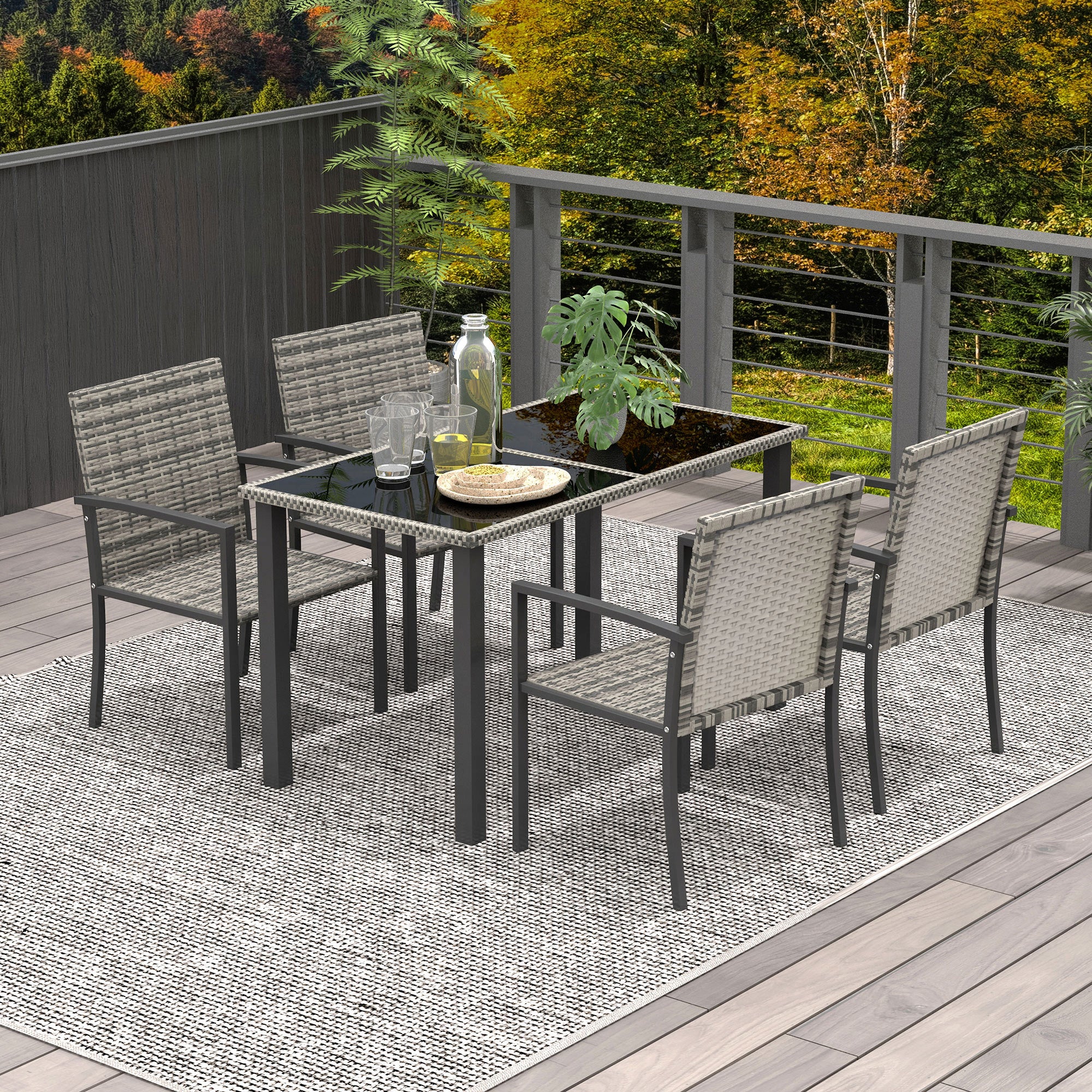 Outsunny Outdoor Dining Set 5 Pieces Patio Conservatory with Tempered Glass Tabletop,4 Dining Chairs - Mixed Grey - North Peak Garden Furniture