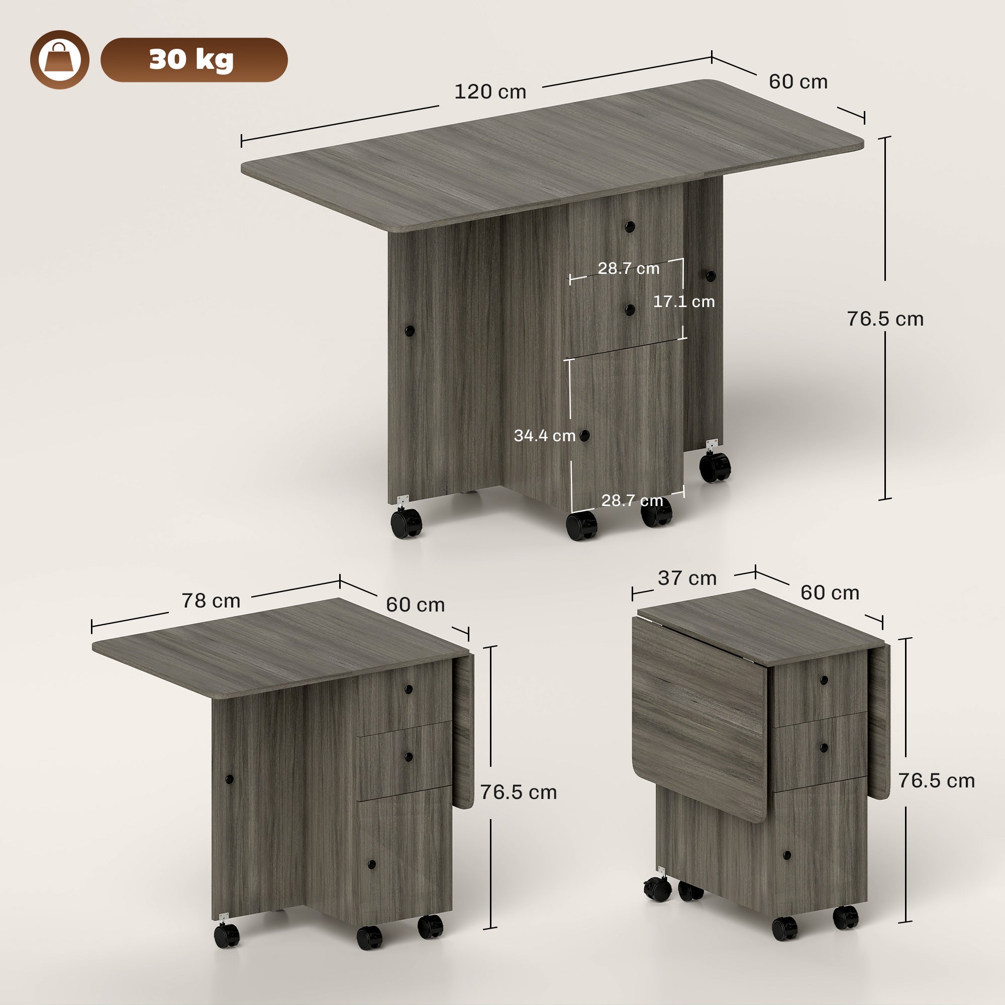 HOMCOM Multi-Storage Six-Person Drop Leaf Dining Table - Grey
