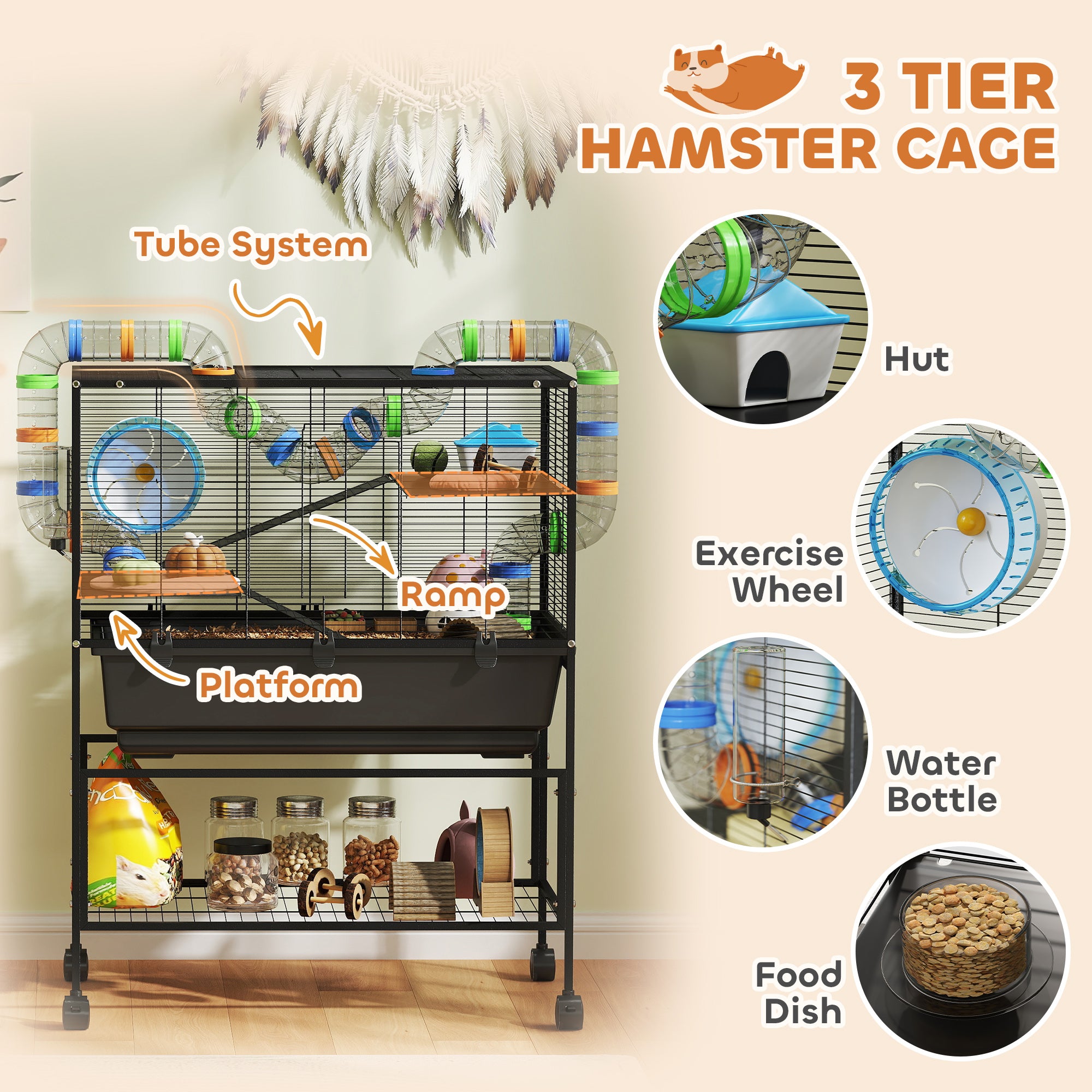 PawHut 3 Tier Large Hamster Cage on Wheels with 17 cm Deep Tray, Storage Shelf for Syrian, Gerbil, Rats - North Peak Garden Furniture