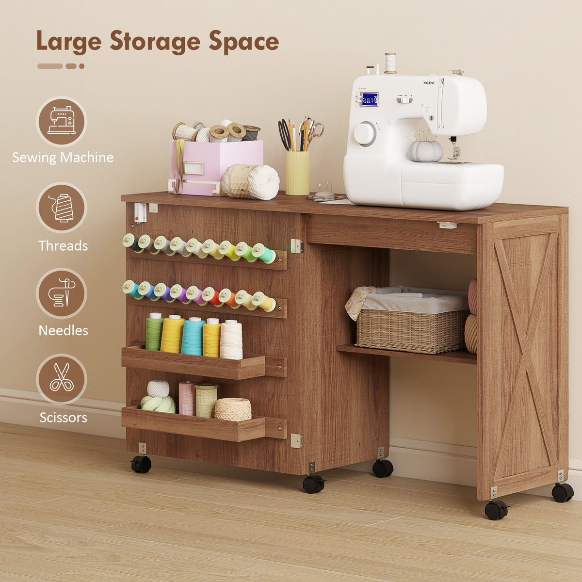 HOMCOM Folding Sewing Table, Rolling Craft Table with Storage compartments, Shelf and Lockable Casters for Small Spaces, Brown