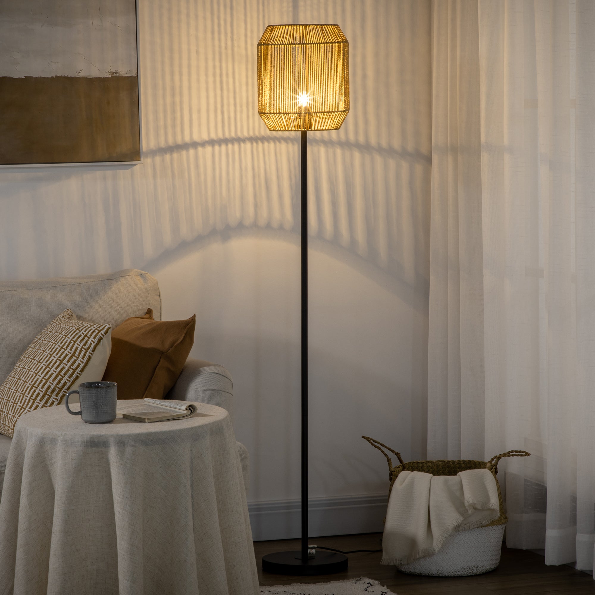 HOMCOM Farmhouse Standing Lamp, Floor Lamps with Hand Woven Rattan Lampshade for Living Room - North Peak Garden Furniture
