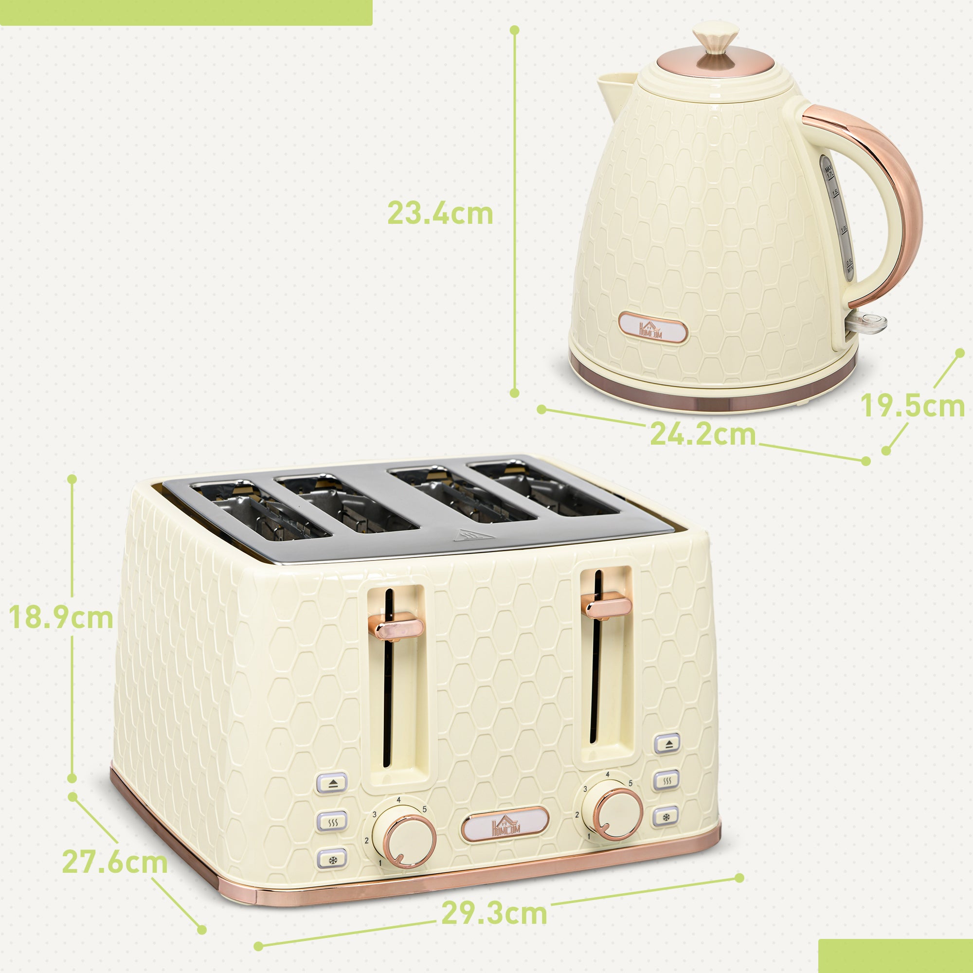 HOMCOM Kettle and Toaster Set, 1.7L 3000W Fast Boil Jug Kettle with Auto Shut Off, 4 Slice Toaster with 7 Level Browning Controls & Crumb Tray, Beige - North Peak Garden Furniture