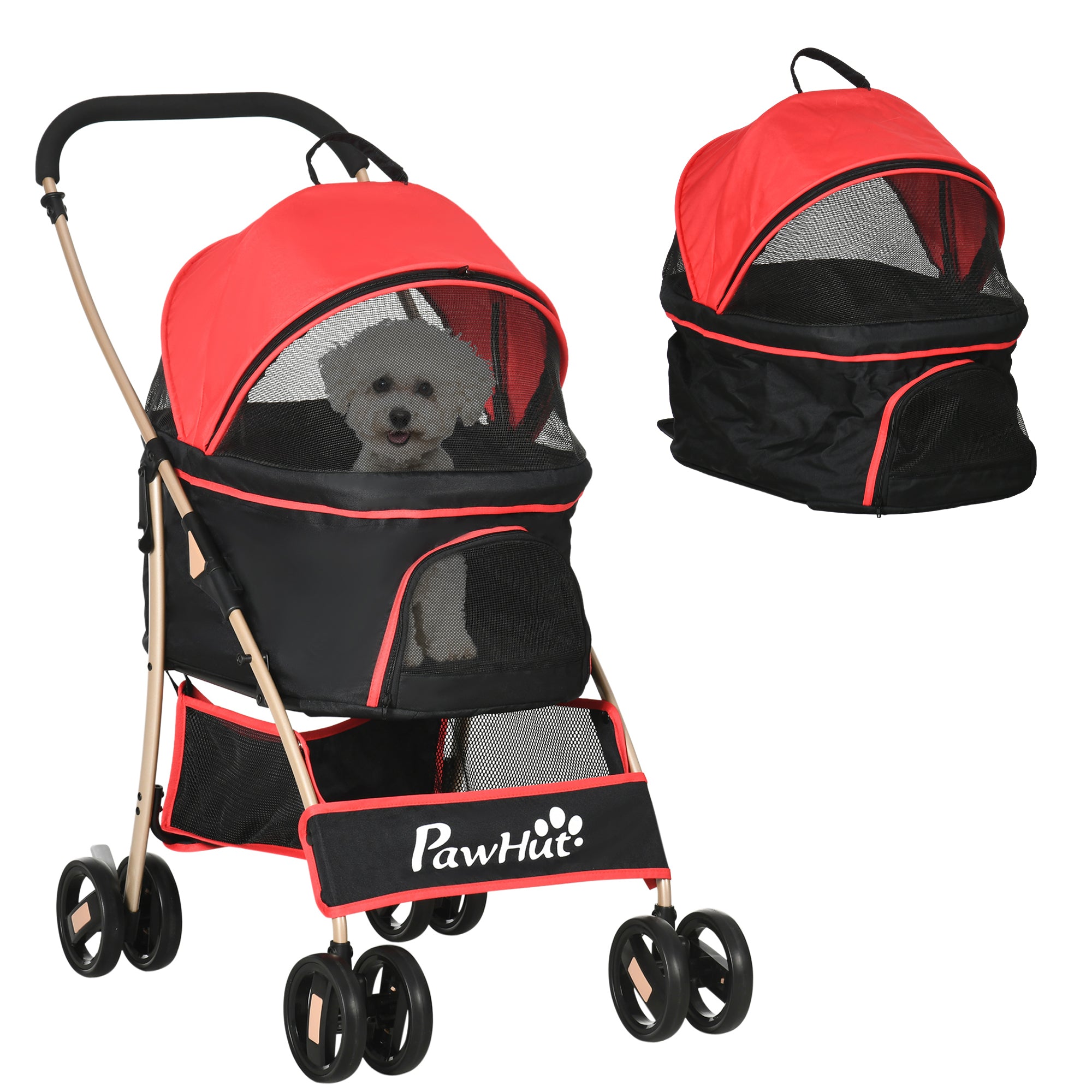 PawHut 3 In 1 Detachable Pet Stroller, for Extra Small and Small Dogs - Red - North Peak Garden Furniture