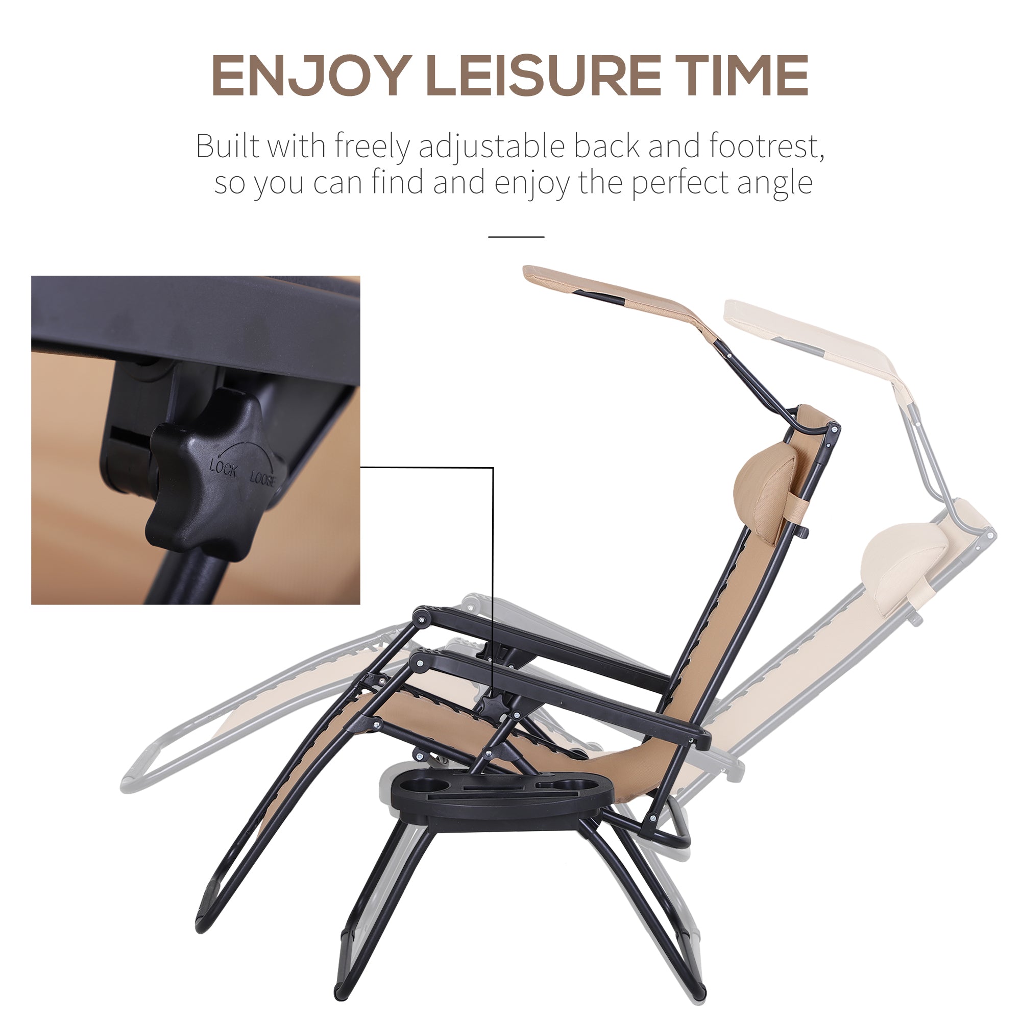 Outsunny Foldable Reclining Garden Chair with Headrest, Zero Gravity Deck Sun Lounger Seat Chair with Footrest, Armrest, Cup Holder & Canopy Shade, Beige - North Peak Garden Furniture