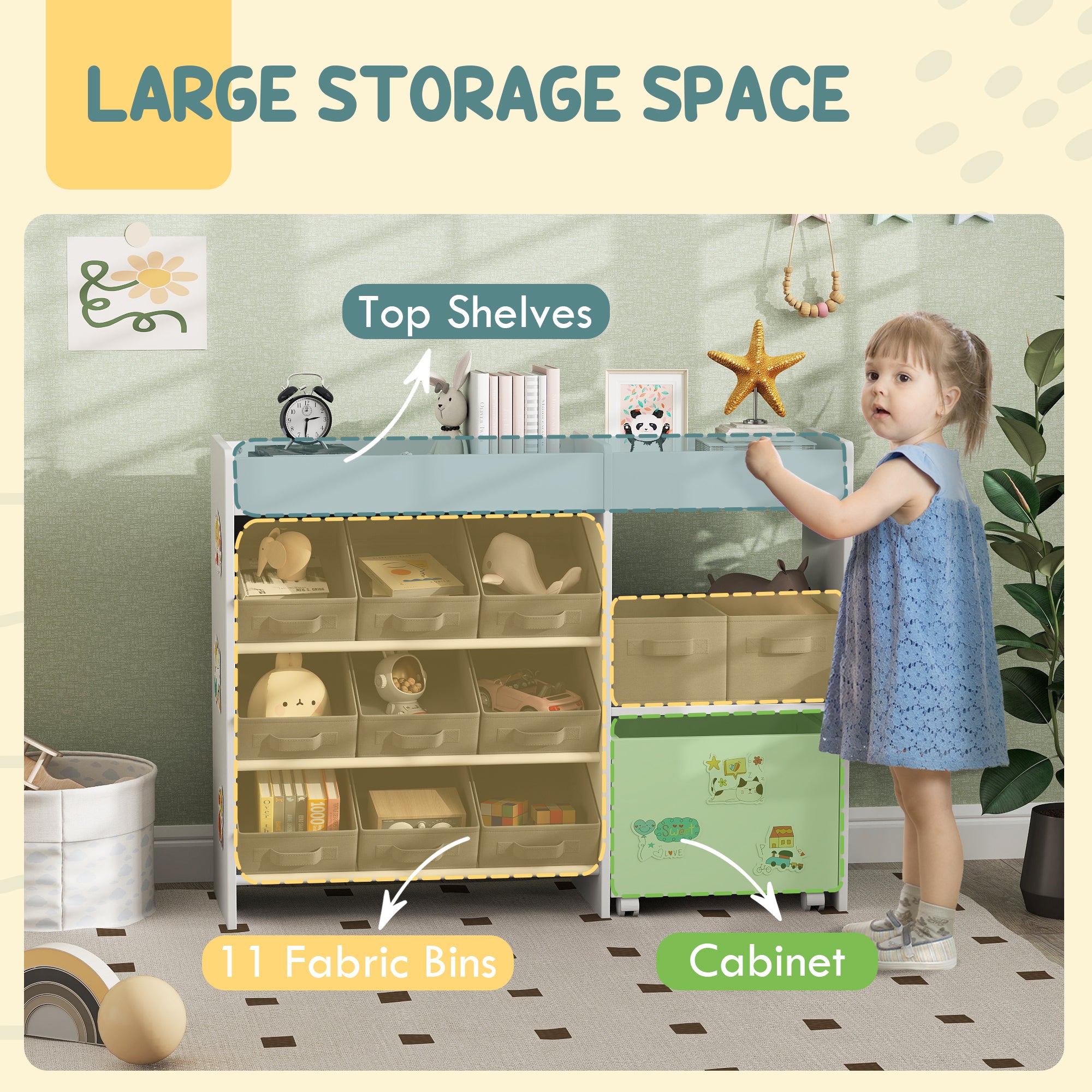 AIYAPLAY Kids Toy Storage Unit with 11 Bins, Cabinet, Top Shelves, 3 Stickers, for Nursery, Playroom, Kindergarten, White - North Peak Garden Furniture