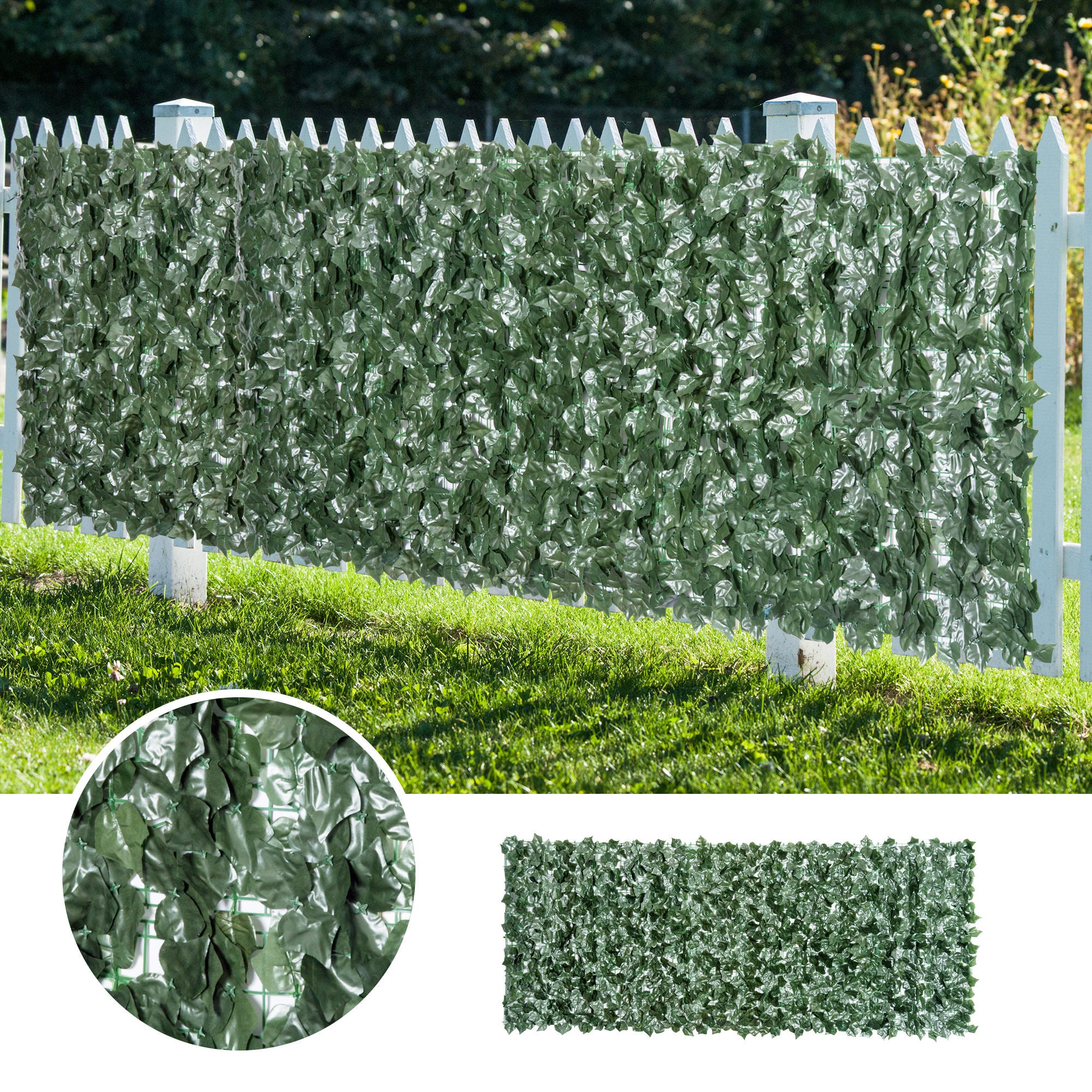 Outsunny 1-Piece Artificial Leaf Hedge Screen Privacy Fence Panel for Garden Outdoor Indoor Decor, Dark Green, 3M x 1.5M - North Peak Garden Furniture