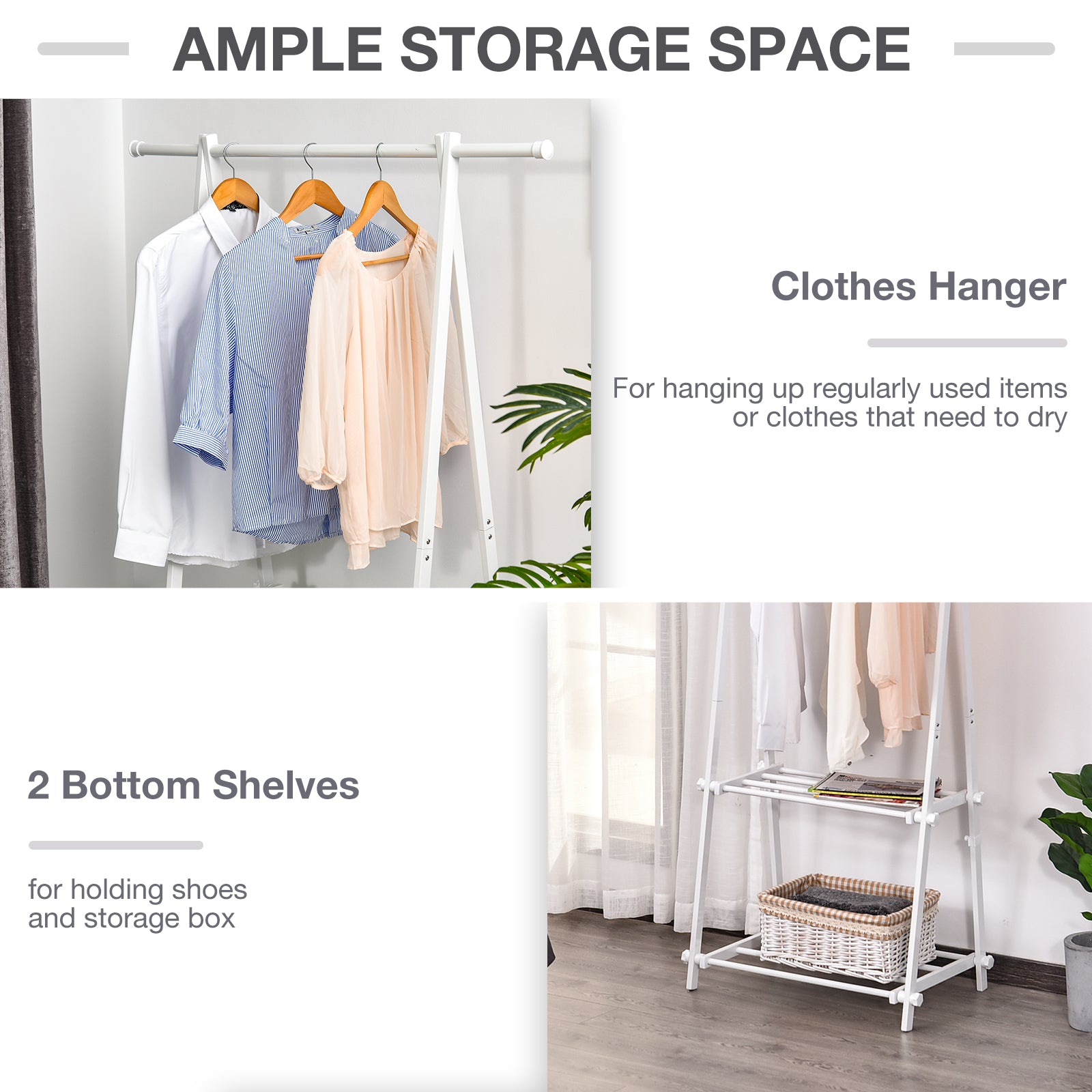 HOMCOM Minimalist Foldable Adjustable Clothes Rack Hanger w/ 2 shelves 107.5L x 45W x 150H cm Hallway Entryway Furniture - White - North Peak Garden Furniture