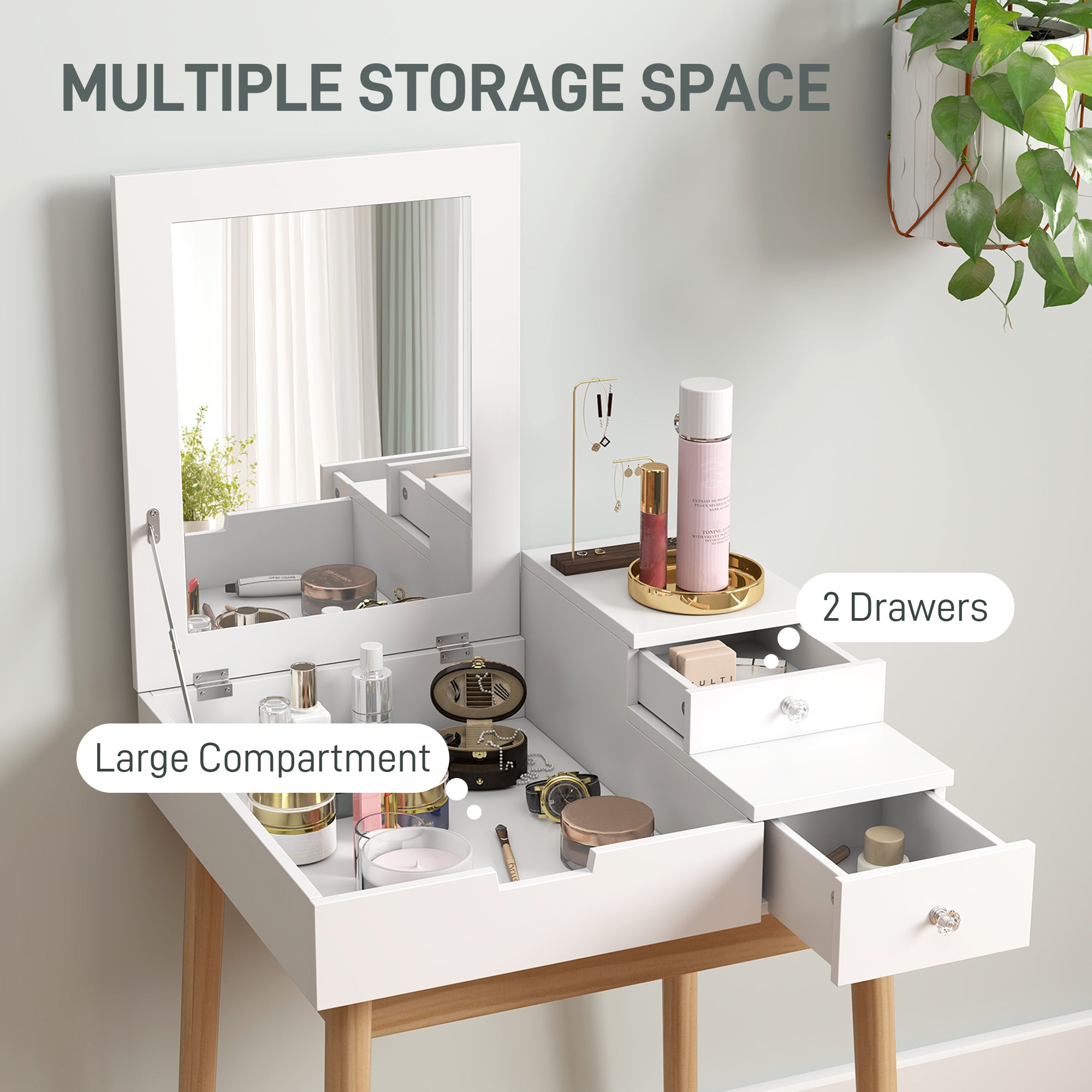 HOMCOM MDF,Pine Dressing Table Desk Flip-up Mirror Multi-purpose 2 Drawers Modern - White