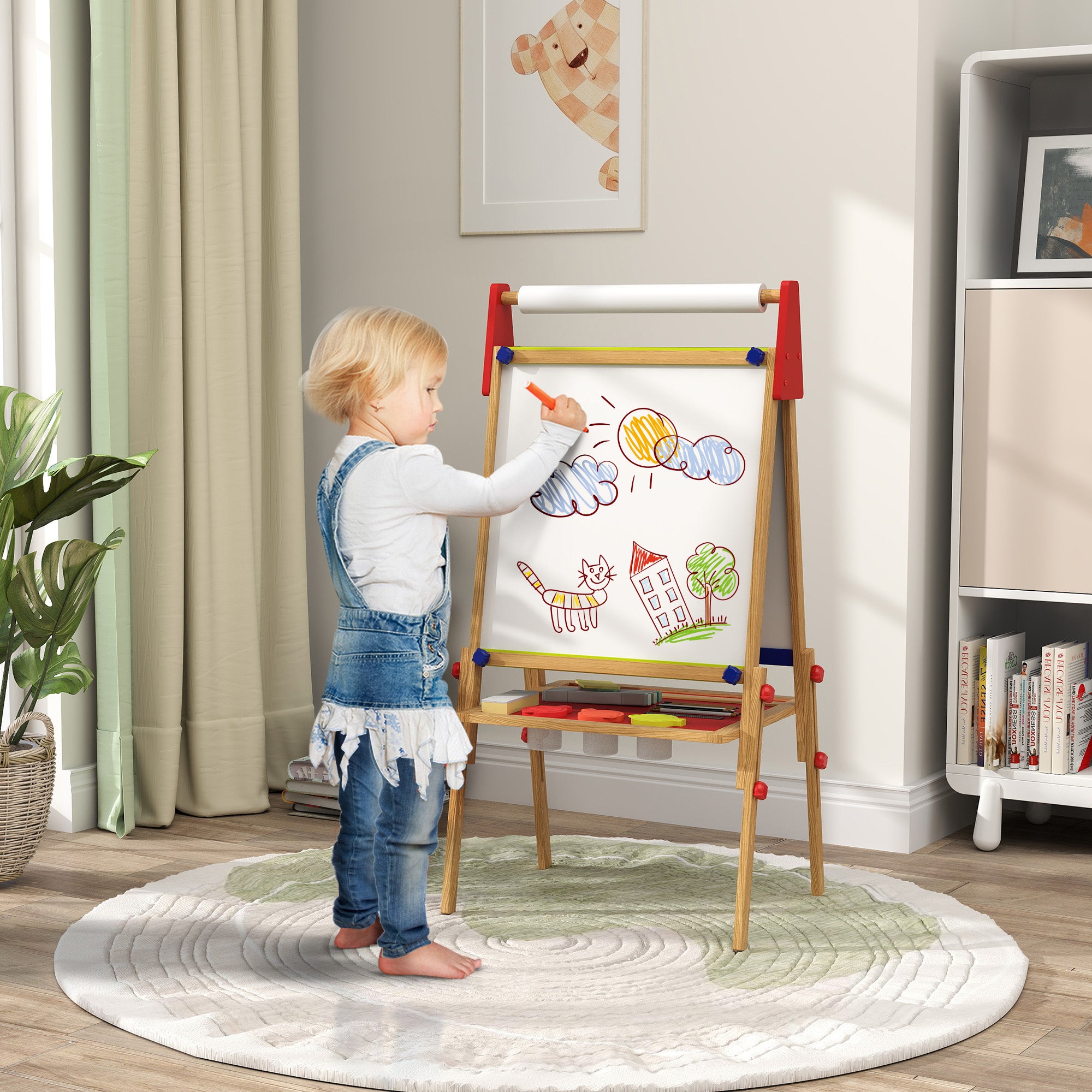 AIYAPLAY 3 in 1 Wooden Kids Easel with Paper Roll, Whiteboard & Chalkboard, Painting Accessories