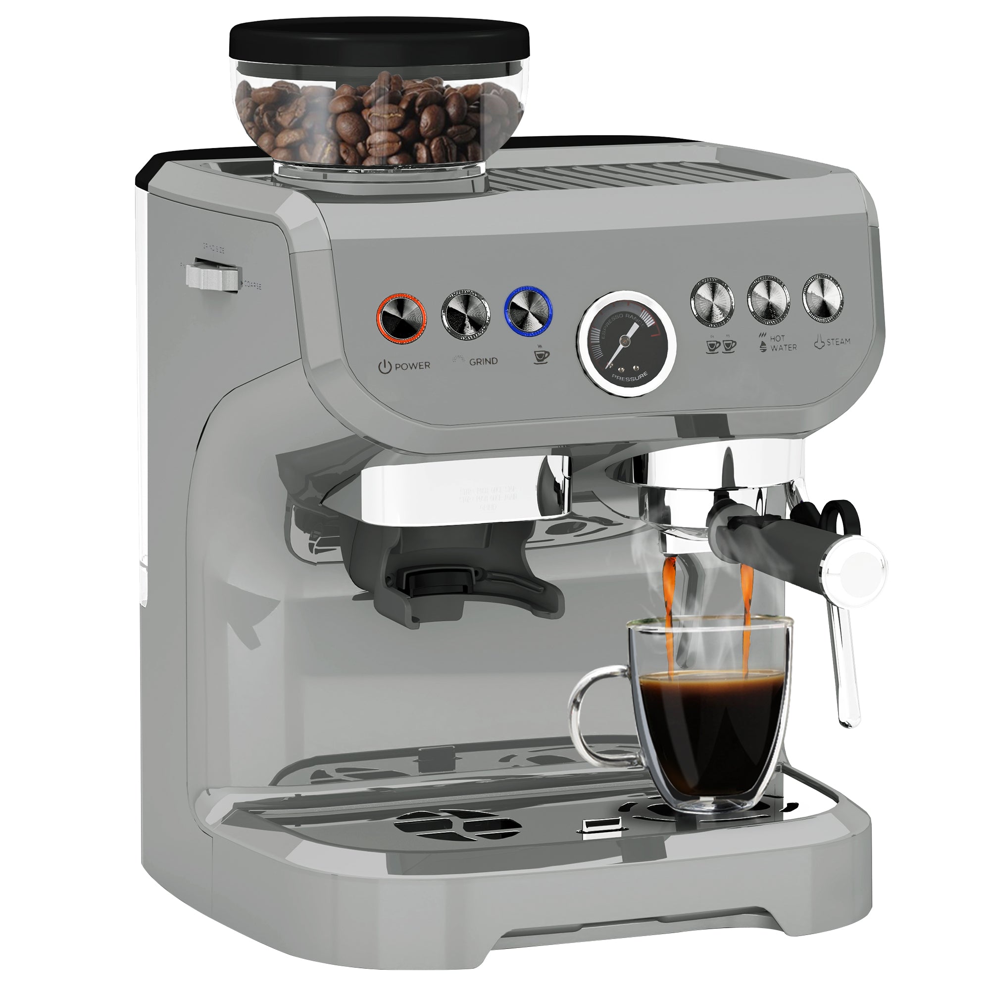HOMCOM 15 Bar Coffee Machine, with Adjustable Grind, Steamer and Accessories - Silver Colour - North Peak Garden Furniture