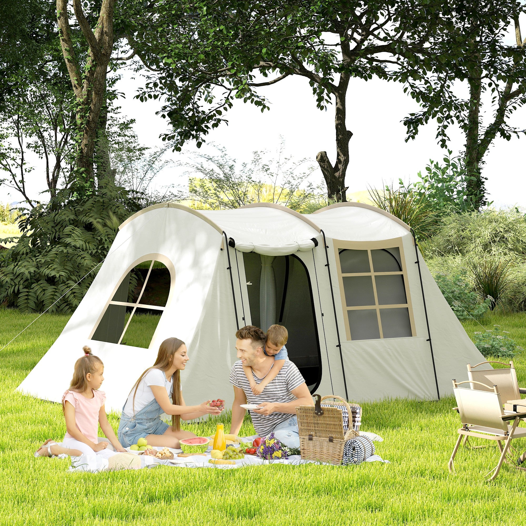 Outsunny 3-4 Man Tunnel Tent, Family Camping Tent with Porch, Bedroom and Living Area, Sewn in Groundsheet, 3000mm Waterproof, Portable with Bag for Hiking, Festival, Backpacking, Khaki - North Peak Garden Furniture