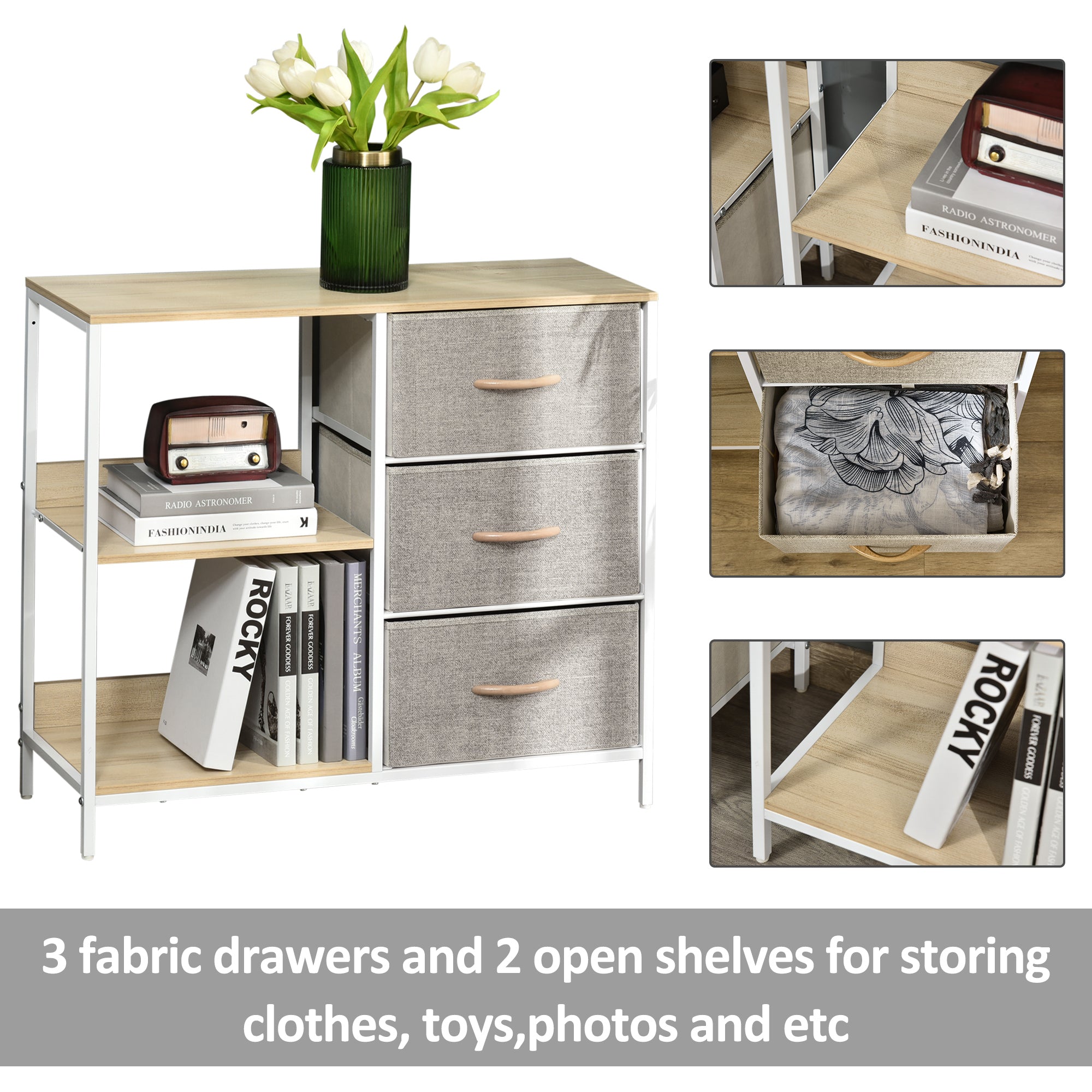 HOMCOM Chest of Drawers Storage Dresser Cabinet Organizer with 3 Fabric Drawers and 2 Display Shelves for Living Room, Bedroom, Hallway, Beige - North Peak Garden Furniture