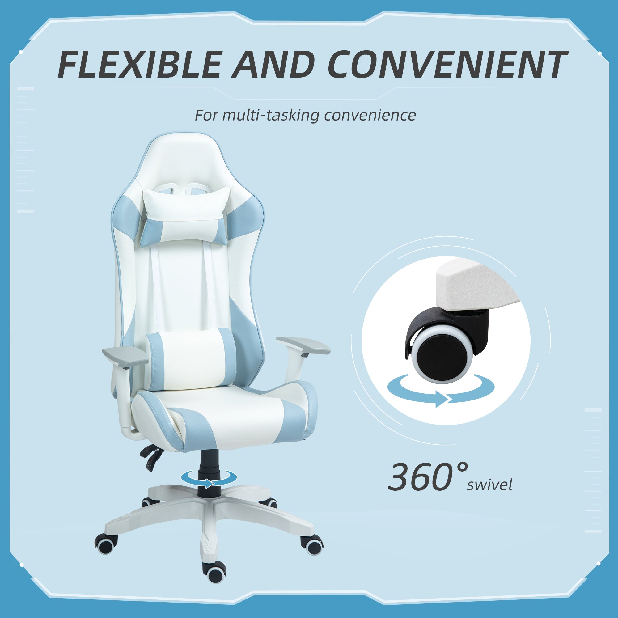 HOMCOM Faux Leather Colour Block Gaming Chair, with 135° Reclining Back - Blue/White - North Peak Garden Furniture