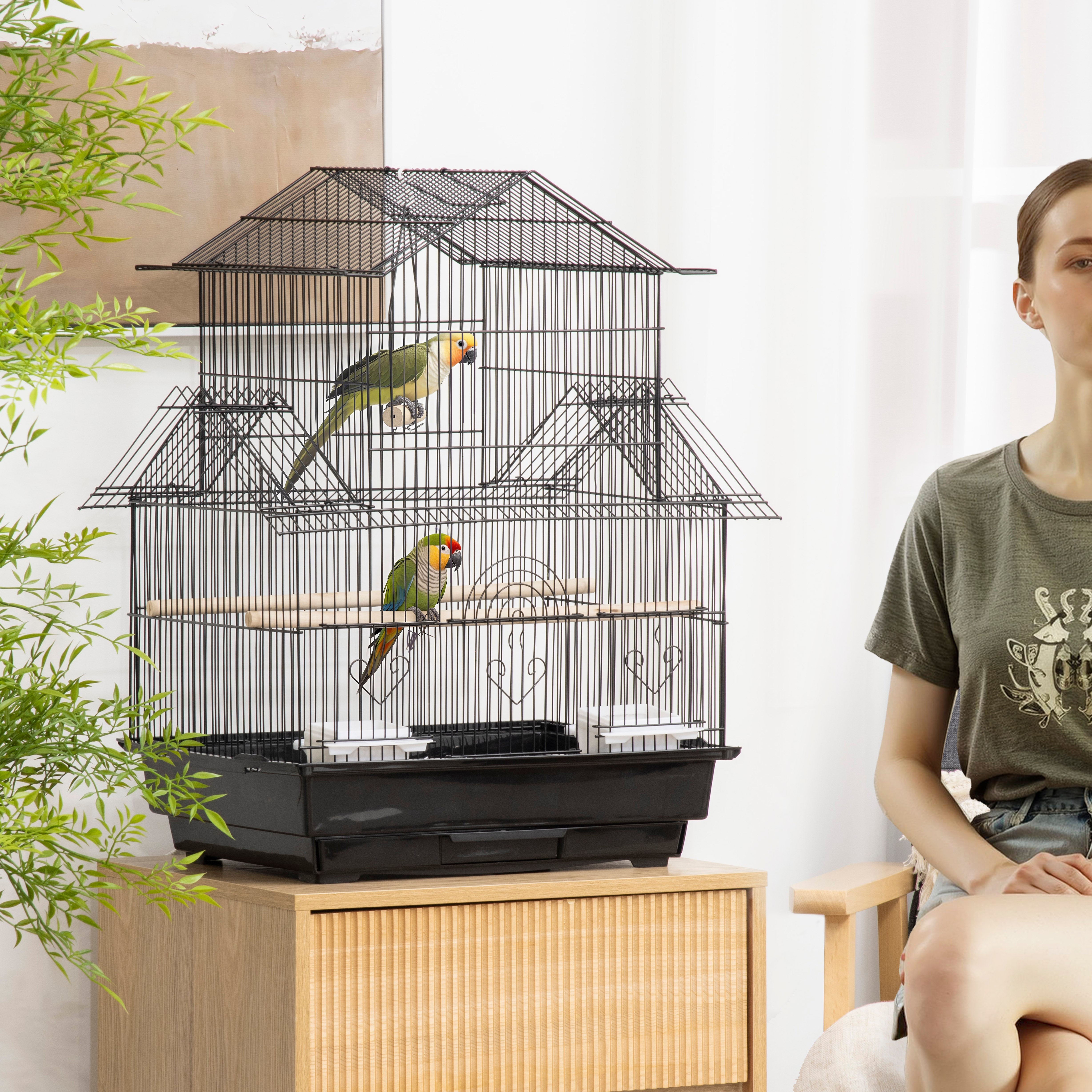 PawHut Metal Bird Cage with Plastic Swing Perch Food Container Tray Handle for Finch Canary Budgie 50.5 x 40 x 63cm Black
