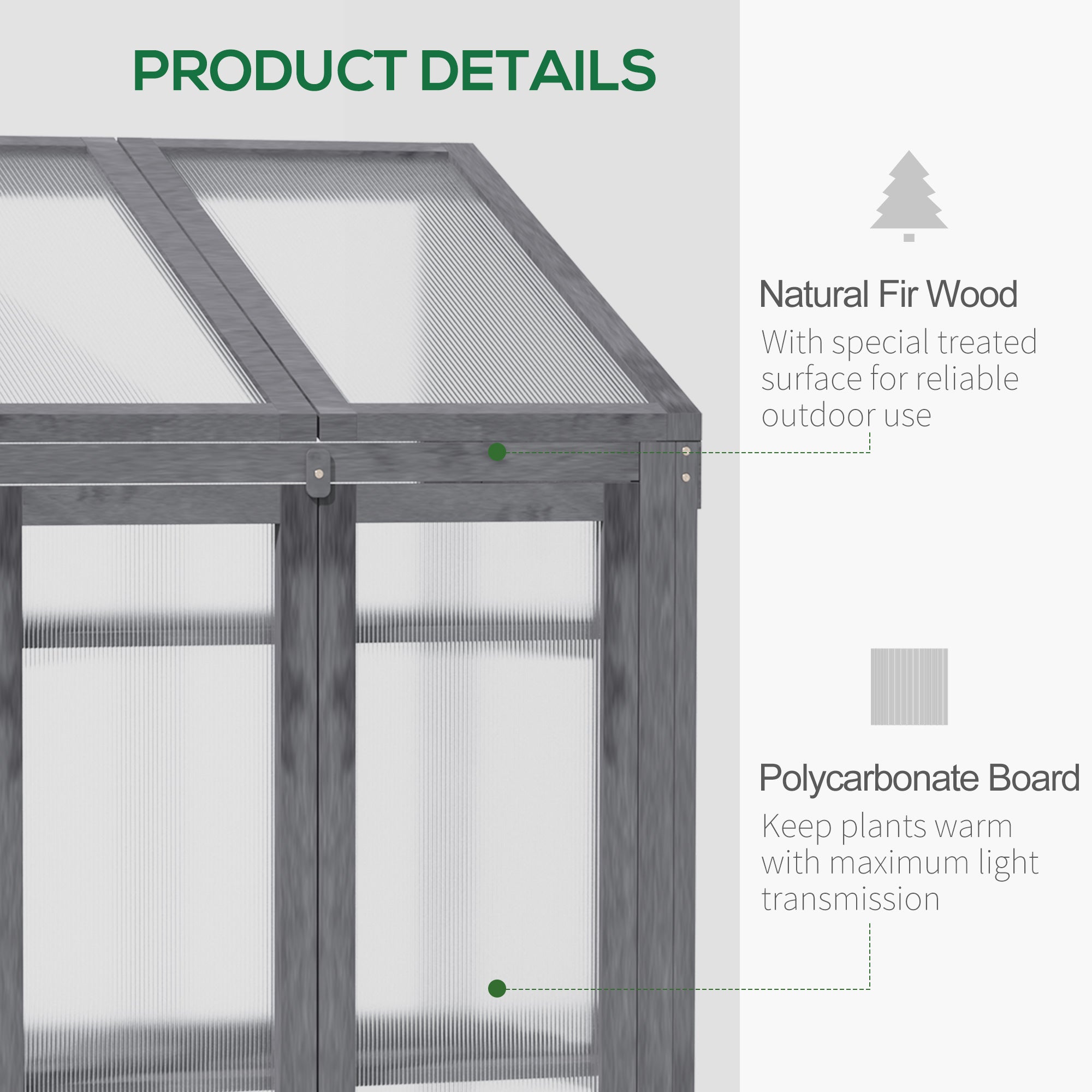 Outsunny Wooden Cold Frame Polycarbonate Greenhouse with Openable Top Cover and Double Door, Grow House for Flower, Vegetable and Plants, 70 x 50 x 120cm, Grey - North Peak Garden Furniture