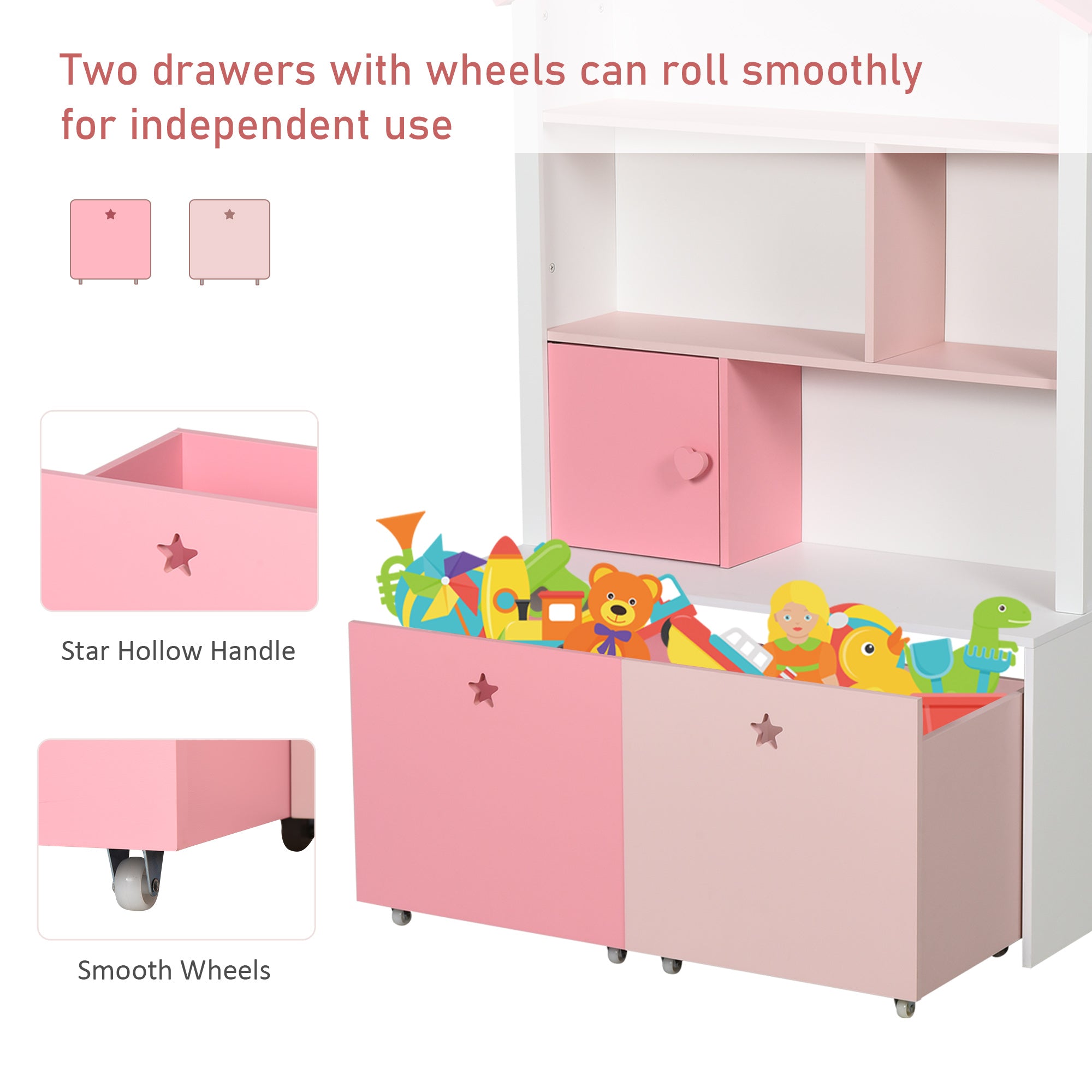 HOMCOM Kids Bookshelf Chest w/ Drawer with Wheels Baby Toy Wood Organizer Display Stand Storage Cabinet 80x34x130cm Pink