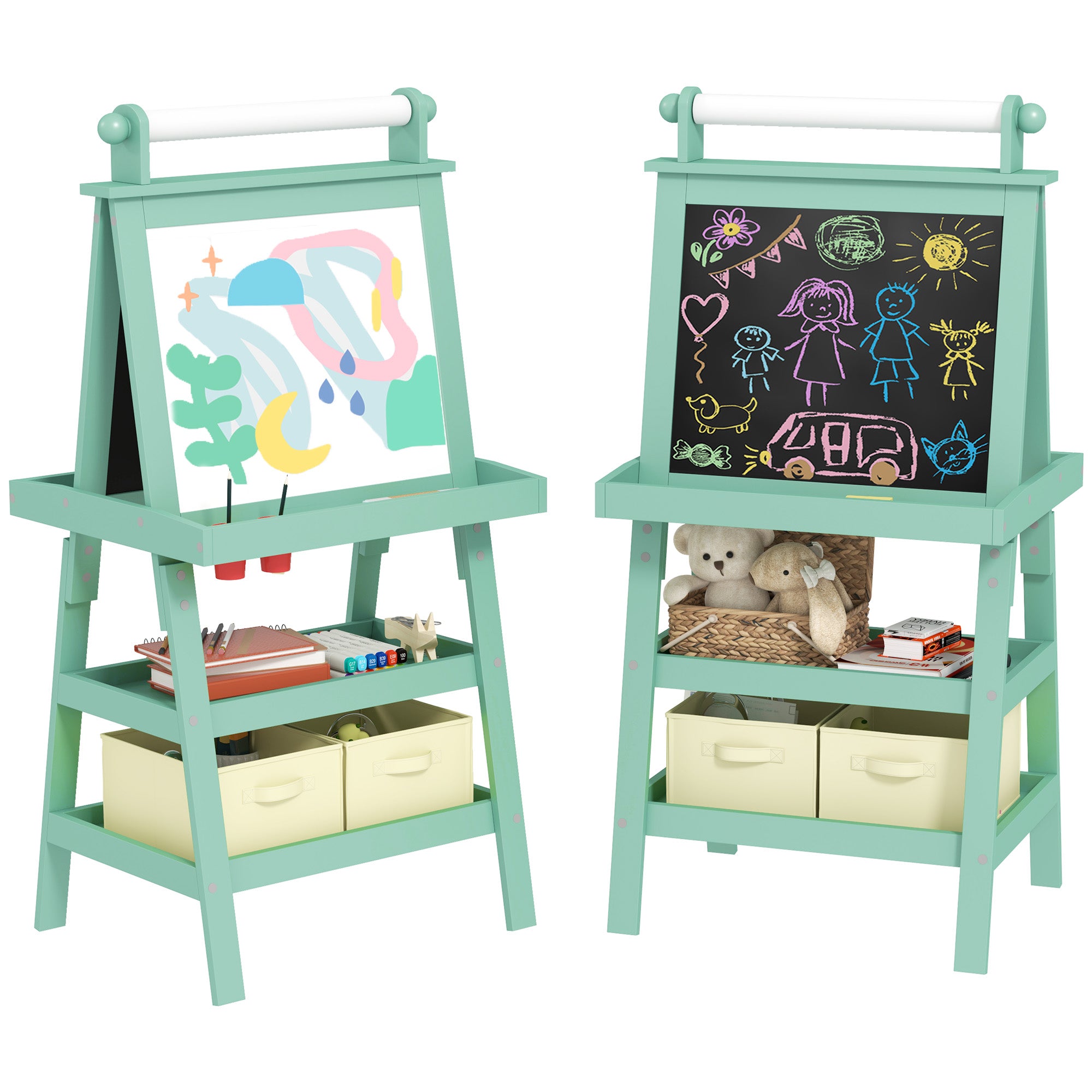 AIYAPLAY 3 in 1 Kids Easel Double-Sided Magnetic Whiteboard and Chalkboard with Paper Roll, Storage Baskets - Green - North Peak Garden Furniture
