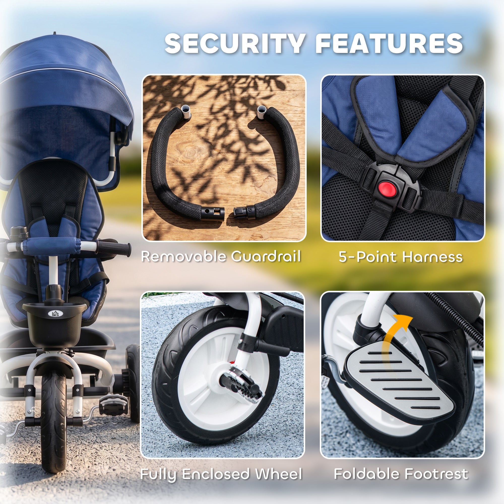 HOMCOM Metal Frame 6 in 1 Baby Push Tricycle with Parent Handle for 1-5 Years Old, Dark Blue