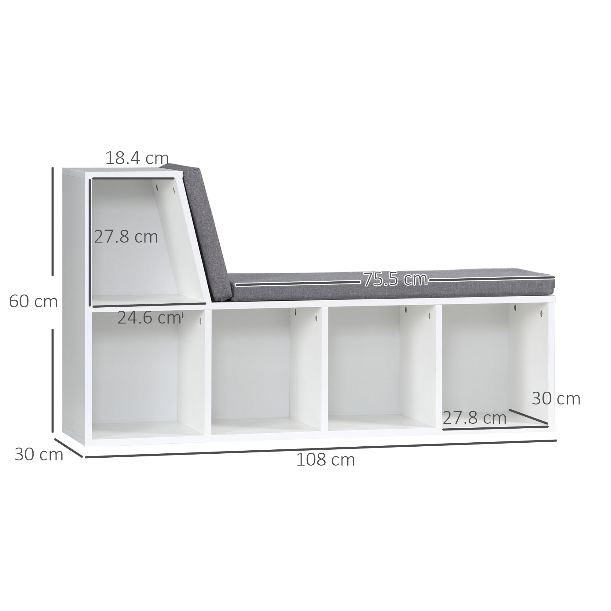 HOMCOM Bookcase Storage Shelf with Cushioned Reading Seat, Bookshelf Storage Cabinet for Study Living Room, White - North Peak Garden Furniture