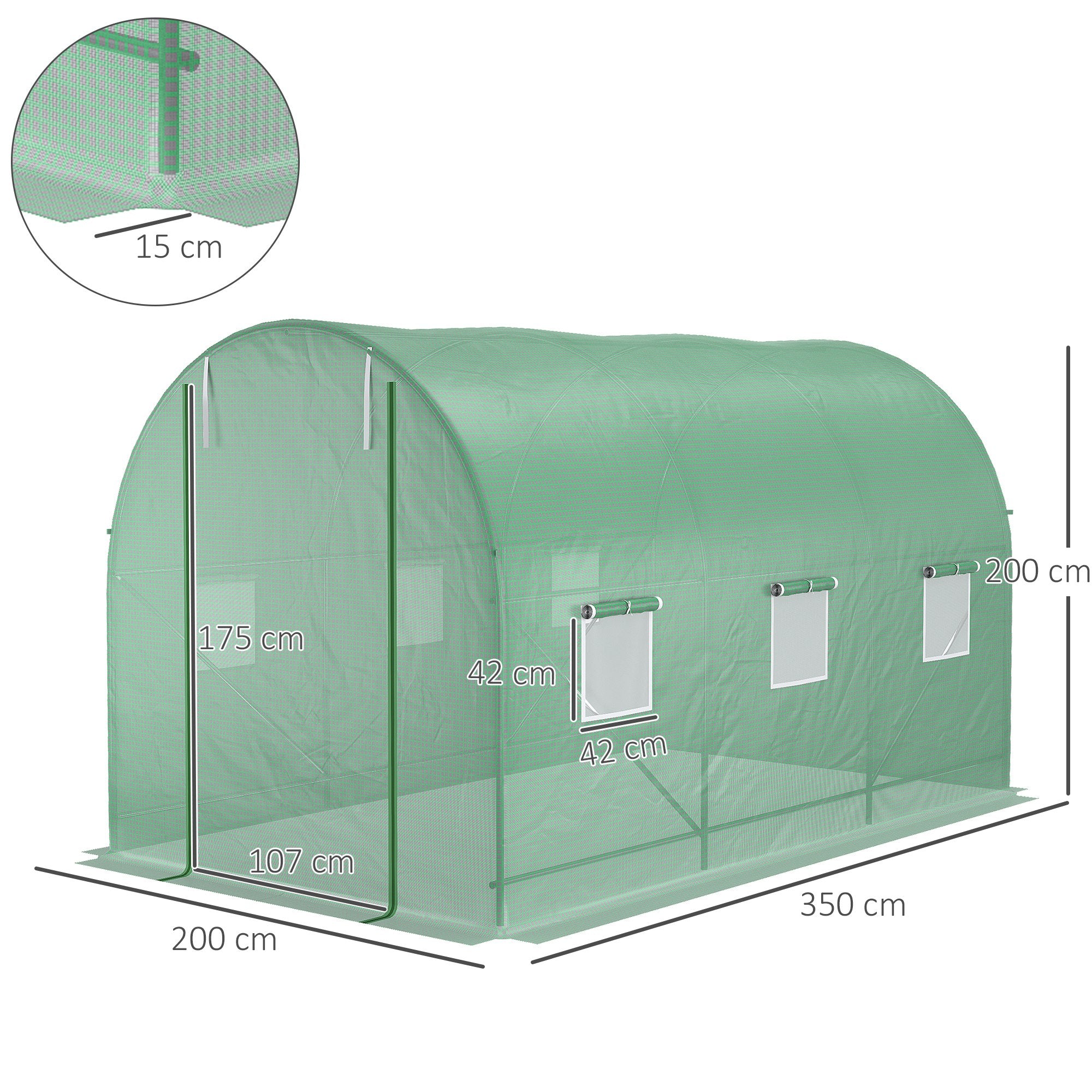 Outsunny 3.5 x 2m Walk-In Polytunnel Greenhouse, with Steel Frame, PE Cover, Roll-Up Door and 6 Windows, Green - North Peak Garden Furniture