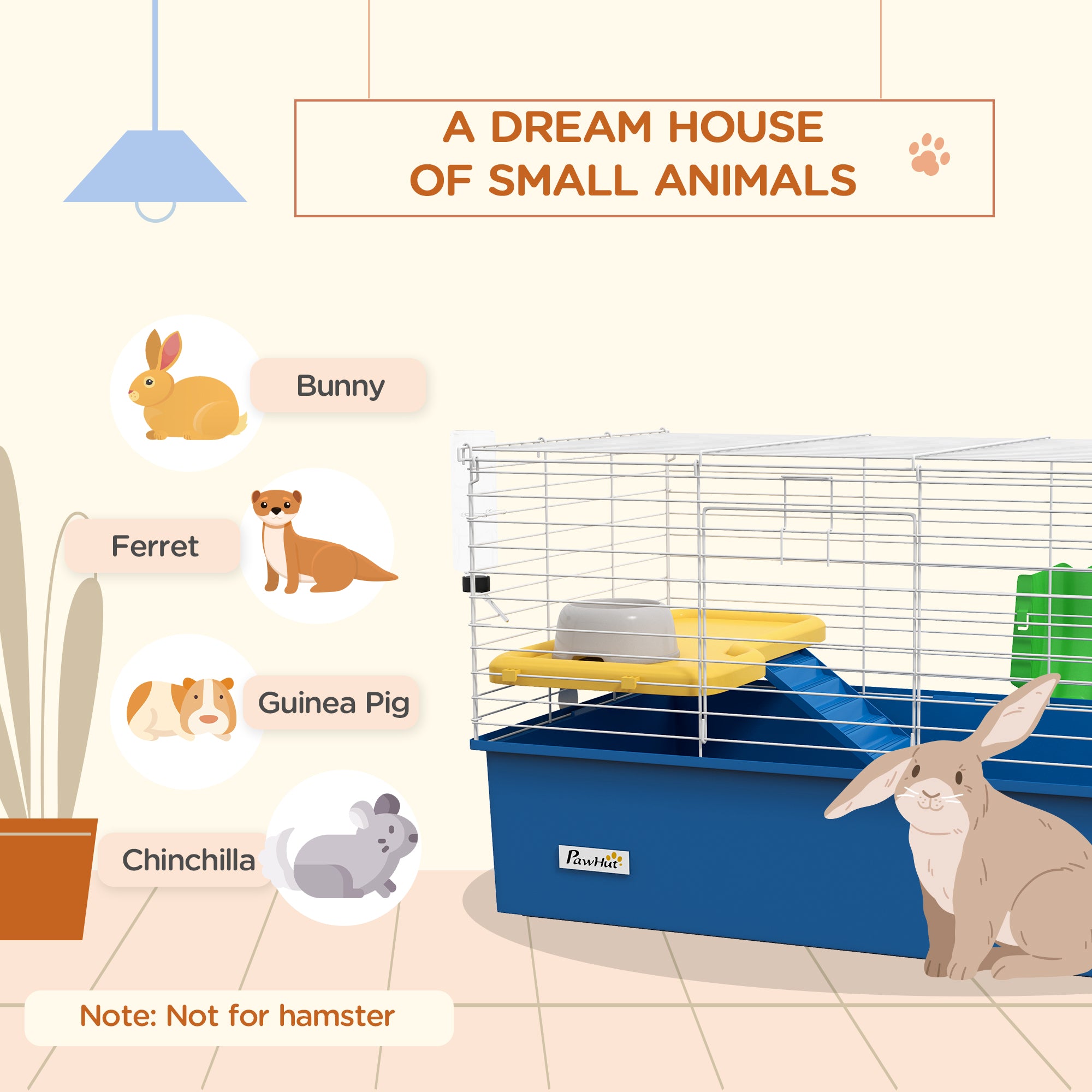 PawHut Chinchillas Small Rabbit Guinea Pig Small Animal Cage, Pet Playhouse, with Platform, Ramp, 71 x 46 x 47cm, Blue - North Peak Garden Furniture