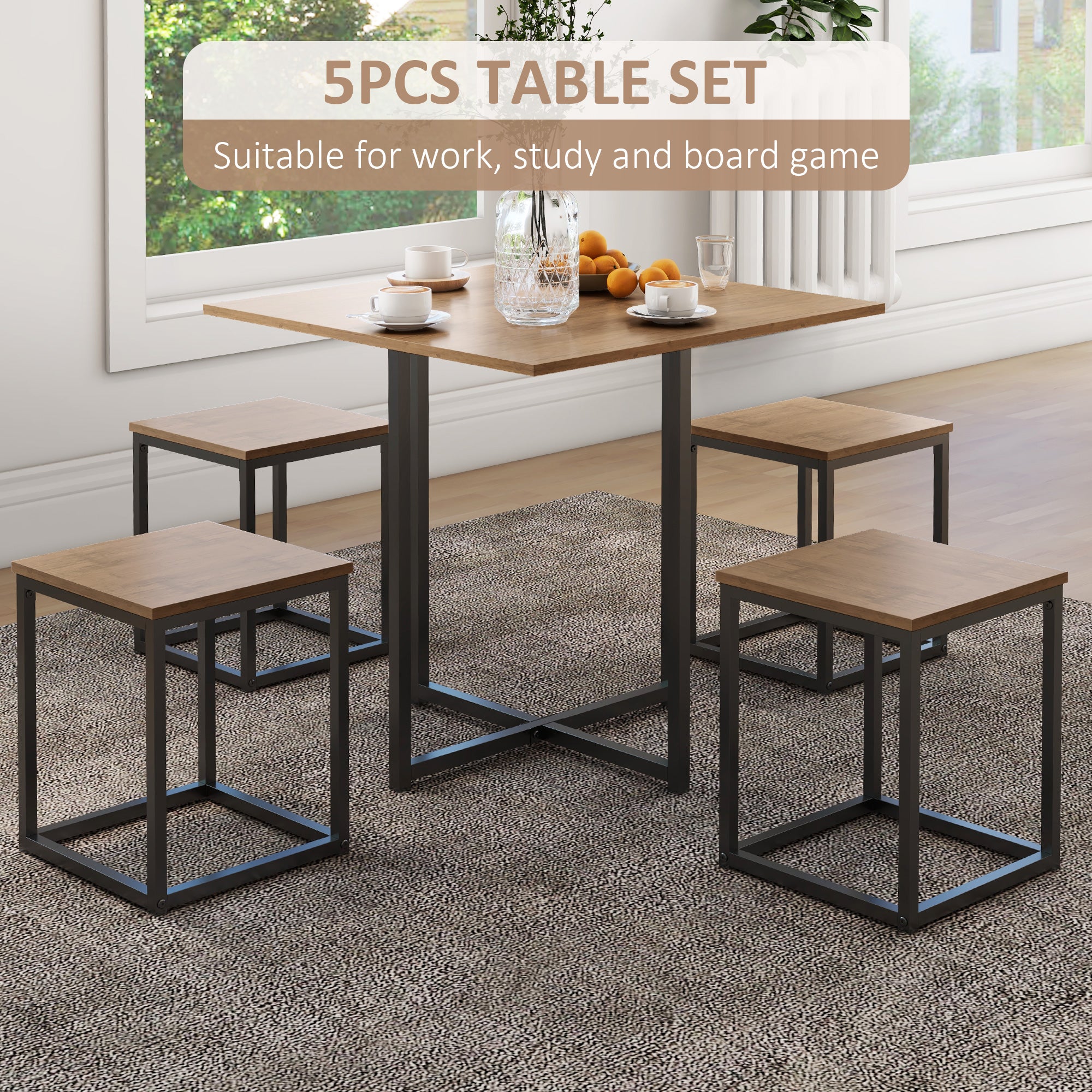 HOMCOM 5 Piece Dining Table and Chairs Set 4, Industrial Space Saving Table and Chairs with Metal Frame, Square Kitchen Table and Stools for Dining Room, Brown