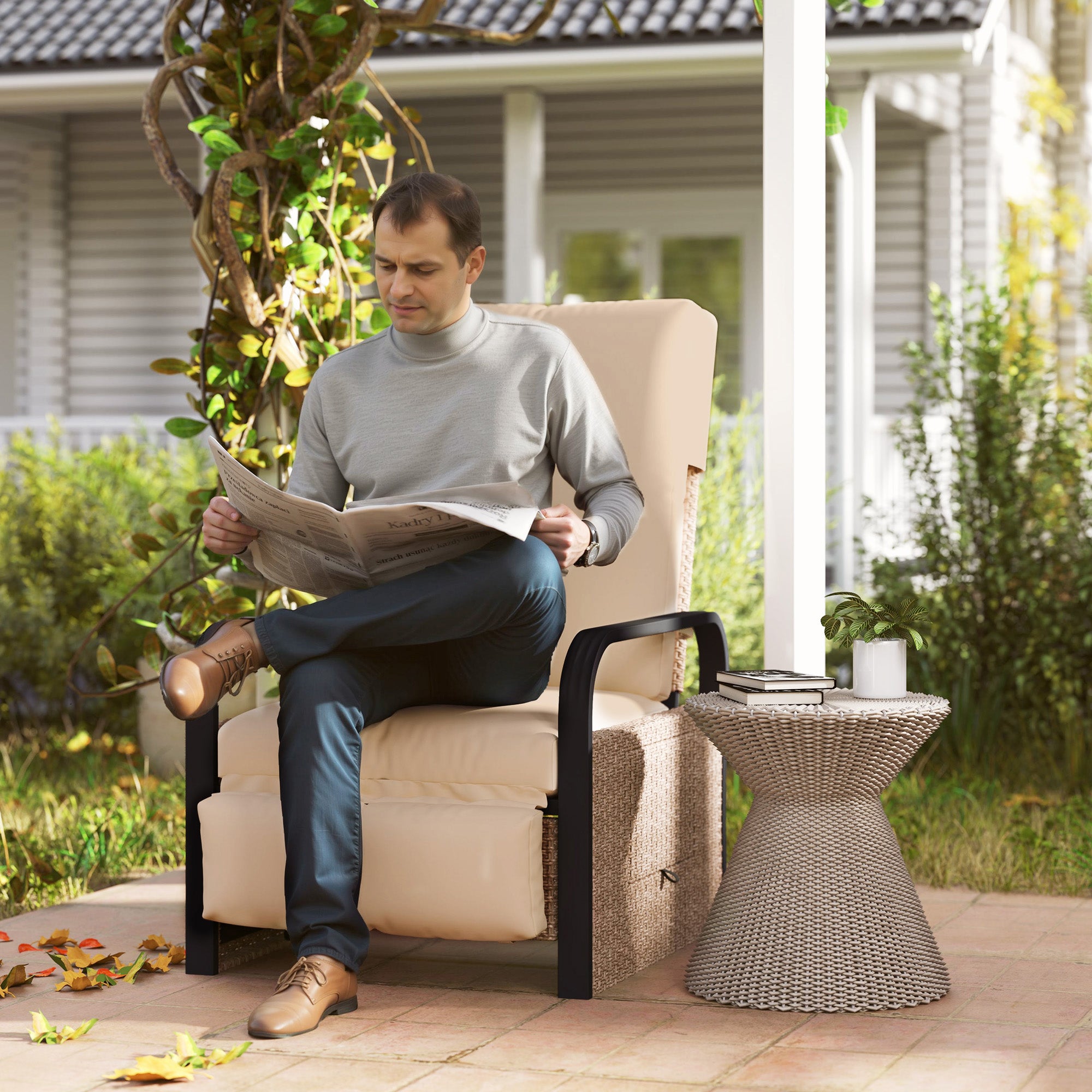 Outsunny 140° Reclining Rattan Armchair - Brown/Khaki - North Peak Garden Furniture