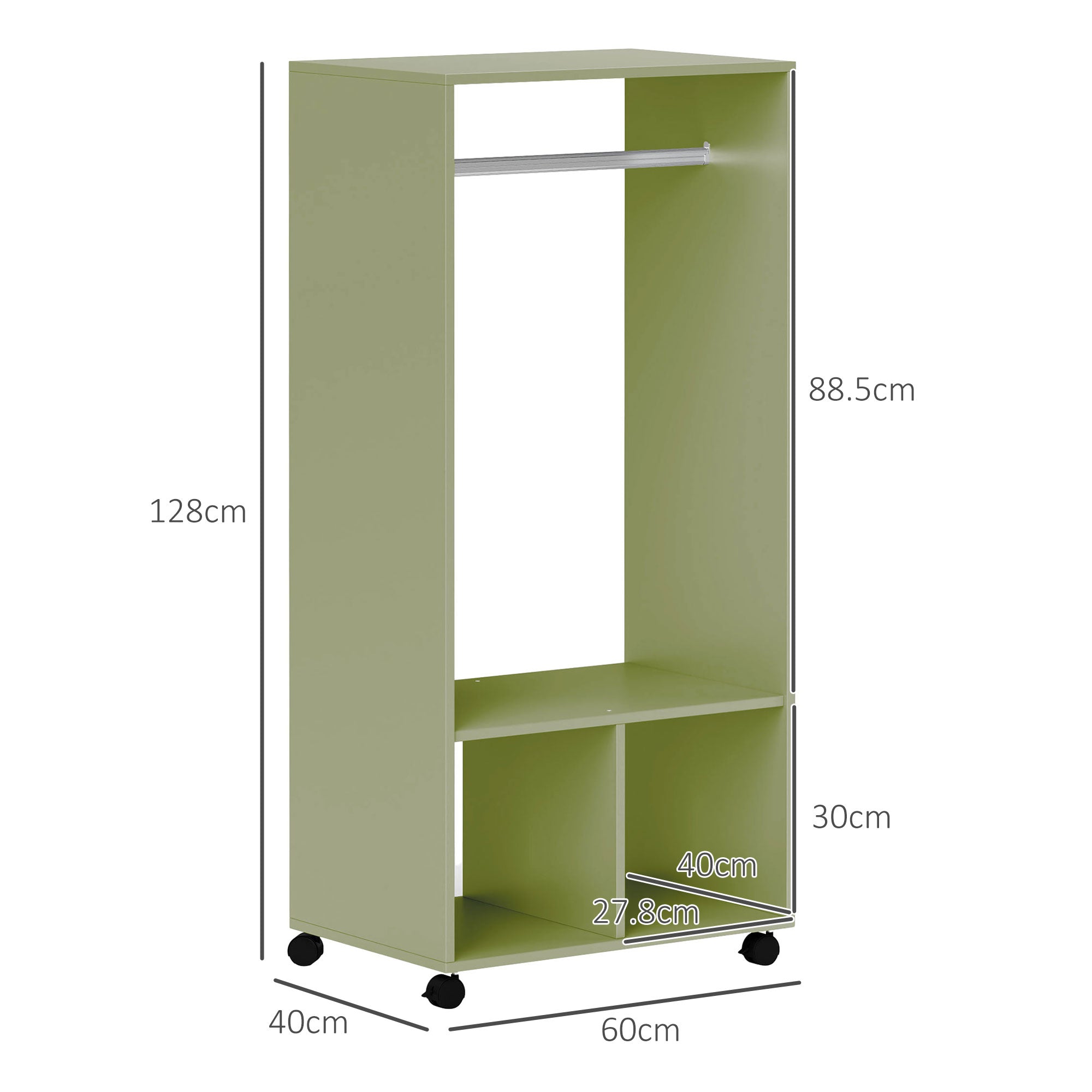 HOMCOM Open Wardrobe on Wheels, Bedroom Wardrobe with Clothes Hanging Rail, 2 Storage Shelves, Mobile Garment Rack for Cloakroom, Hallway, Green - North Peak Garden Furniture