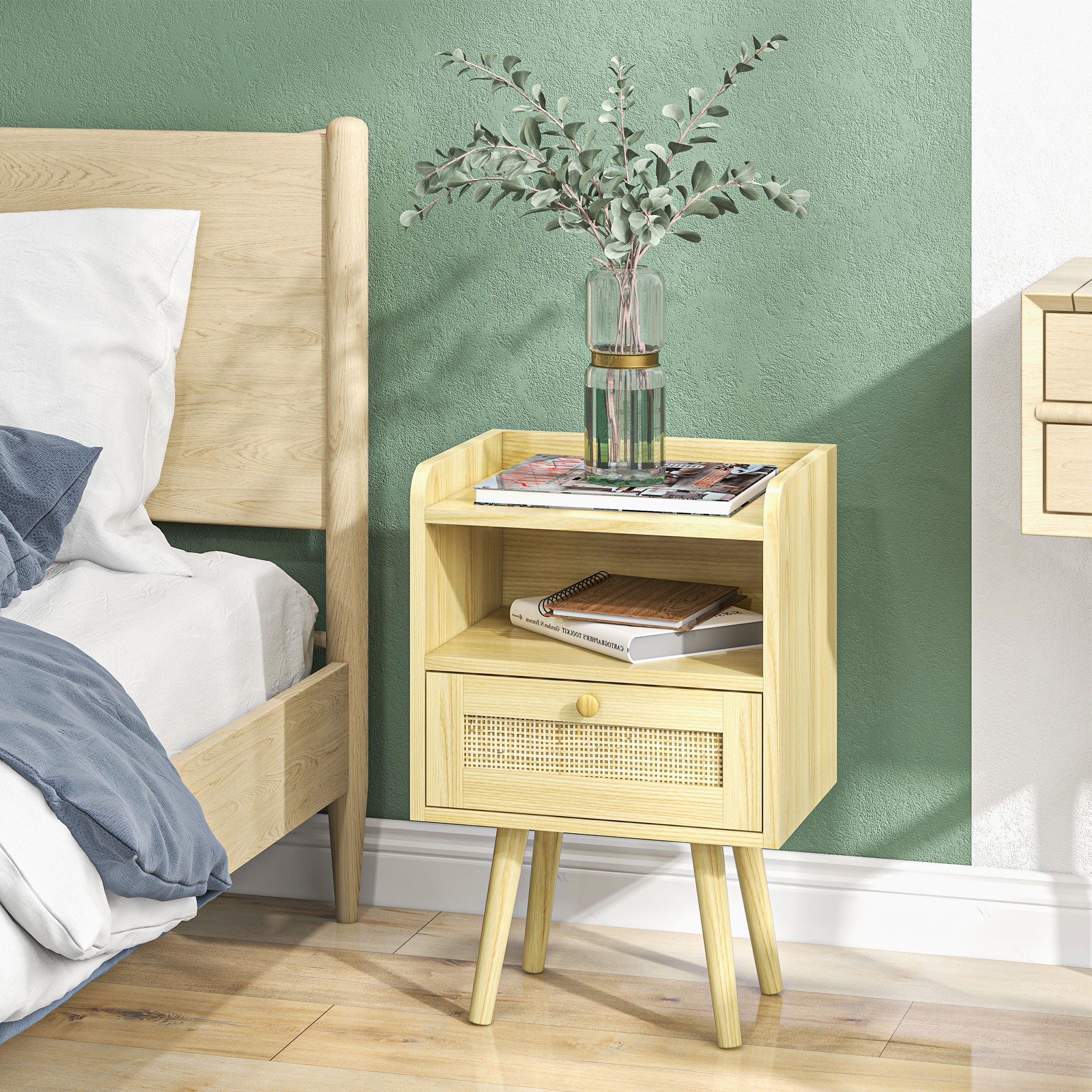 HOMCOM Set of Two Rattan Weave Bedside Tables - Wood Effect - North Peak Garden Furniture