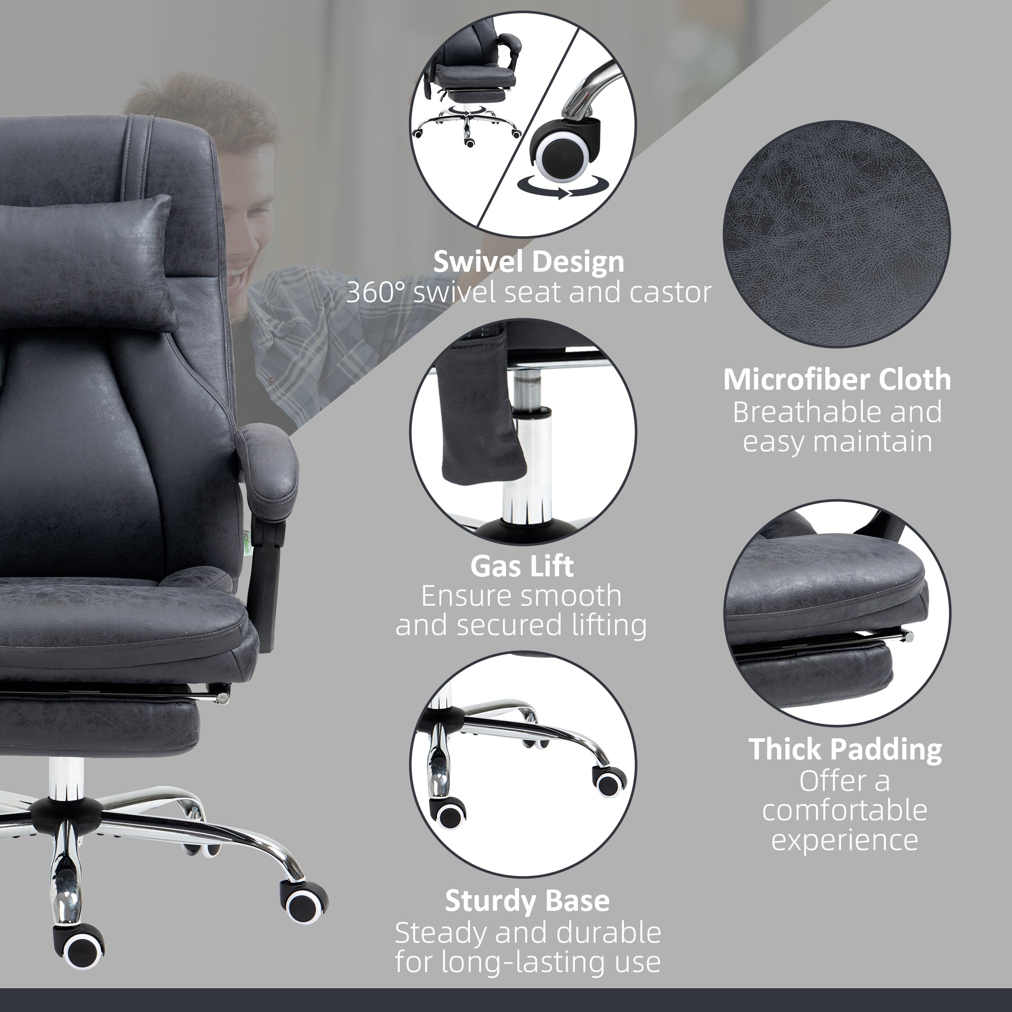 Vinsetto Office Chair with Lumbar Massage, 135° Reclining Computer Chair with Adjustable Headrest, Retractable Footrest, 10cm Double Padded Seat, Microfiber Fabric, Metal Base, Dark Grey - North Peak Garden Furniture
