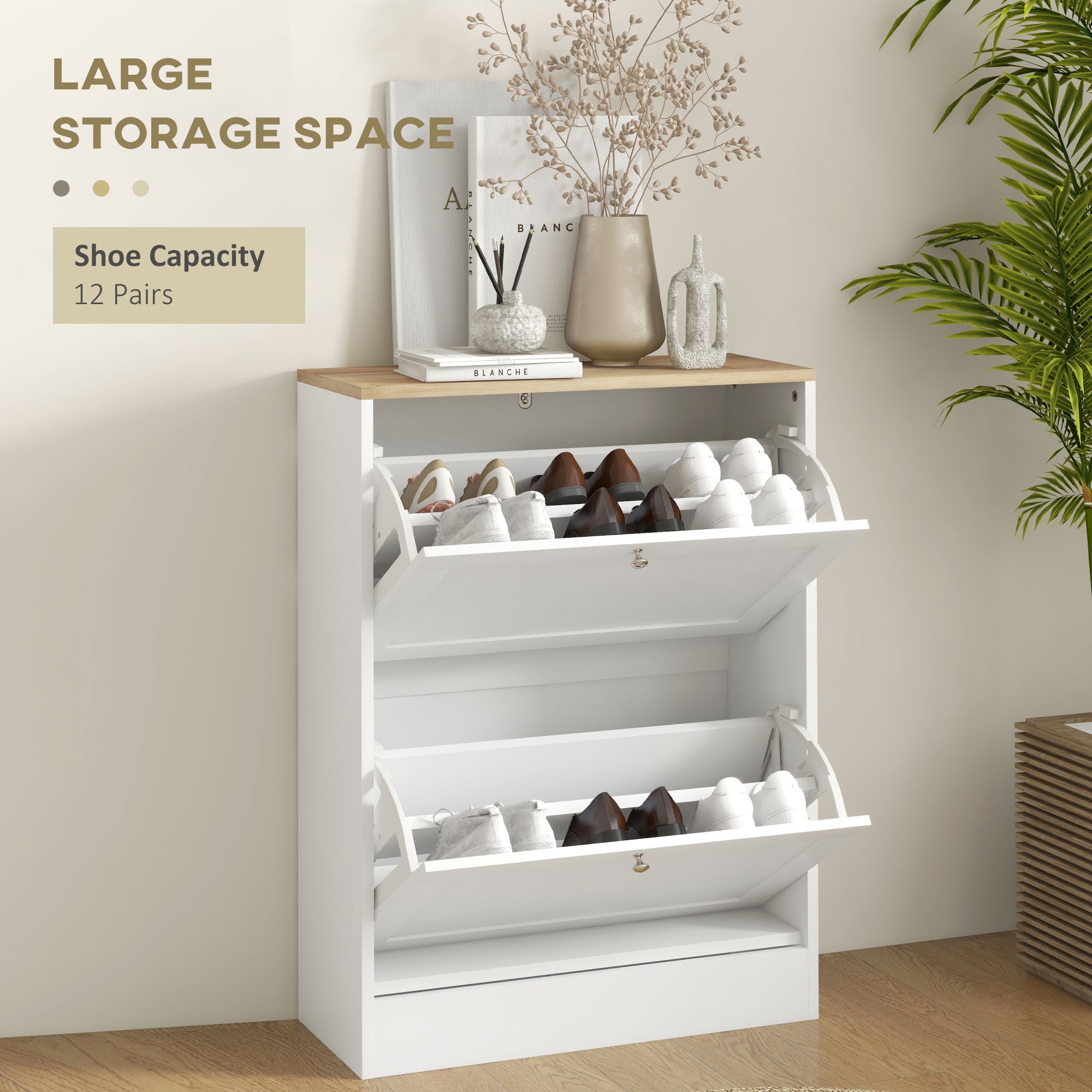 HOMCOM Narrow Shoe Cabinet with 2 Flip Drawers and Adjustable Shelves - White - North Peak Garden Furniture