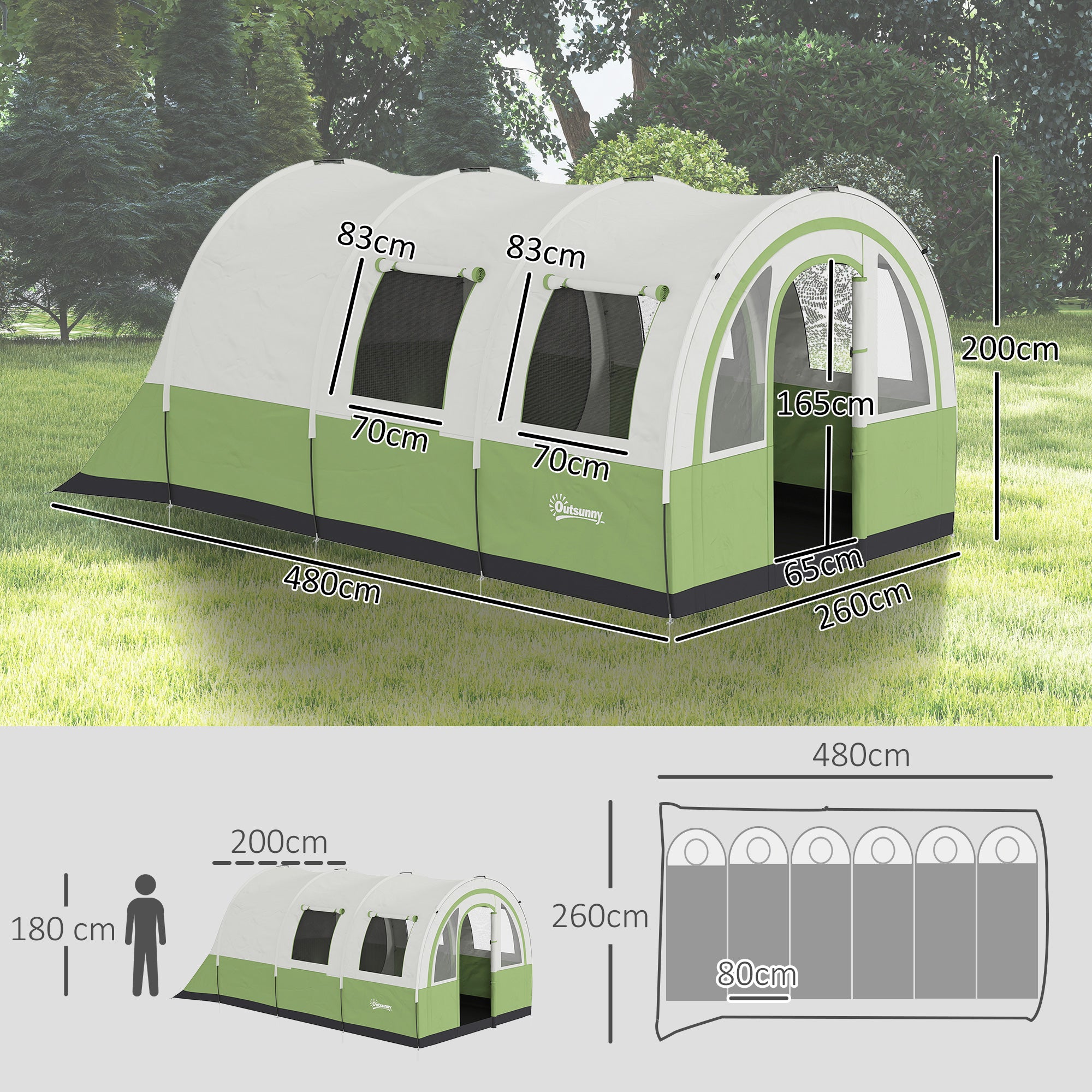Outsunny 3000mm Waterproof Camping Tent, 5-6 Man Family Tent with Living and Bedroom, Carry Bag Included, Cream and Green - North Peak Garden Furniture