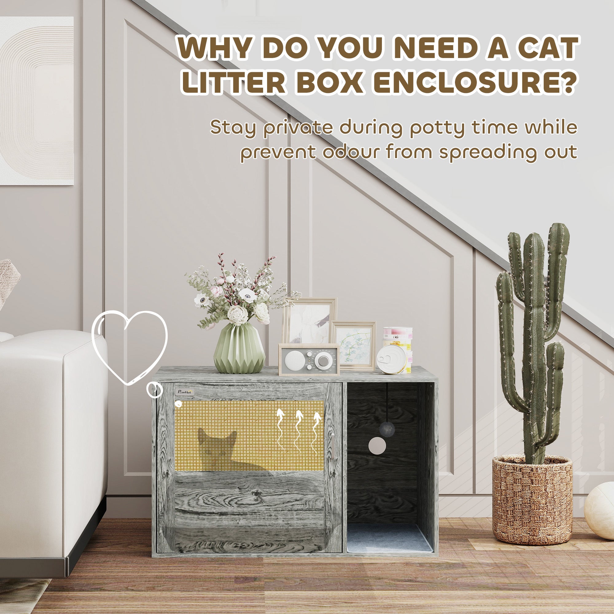PawHut Boho Style Cat Litter Box Enclosure with Rattan Door, Scratching Mat, Toy Ball, Non-slip Foot Pads, 80 x 50 x 50cm, Grey - North Peak Garden Furniture