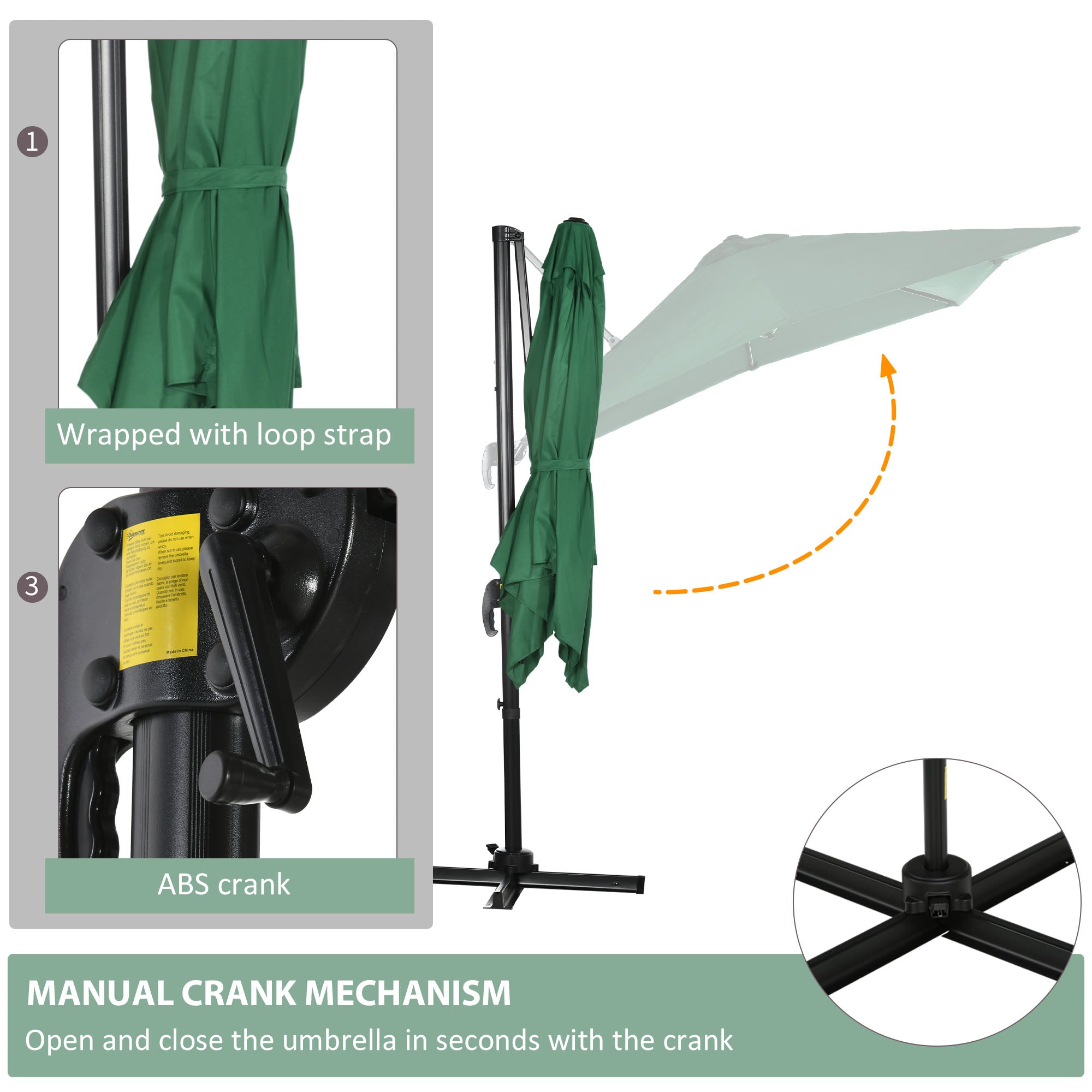 Outsunny Square Umbrella Parasol W/360° Rotation, 245Lx245Wx248H cm-Green - North Peak Garden Furniture