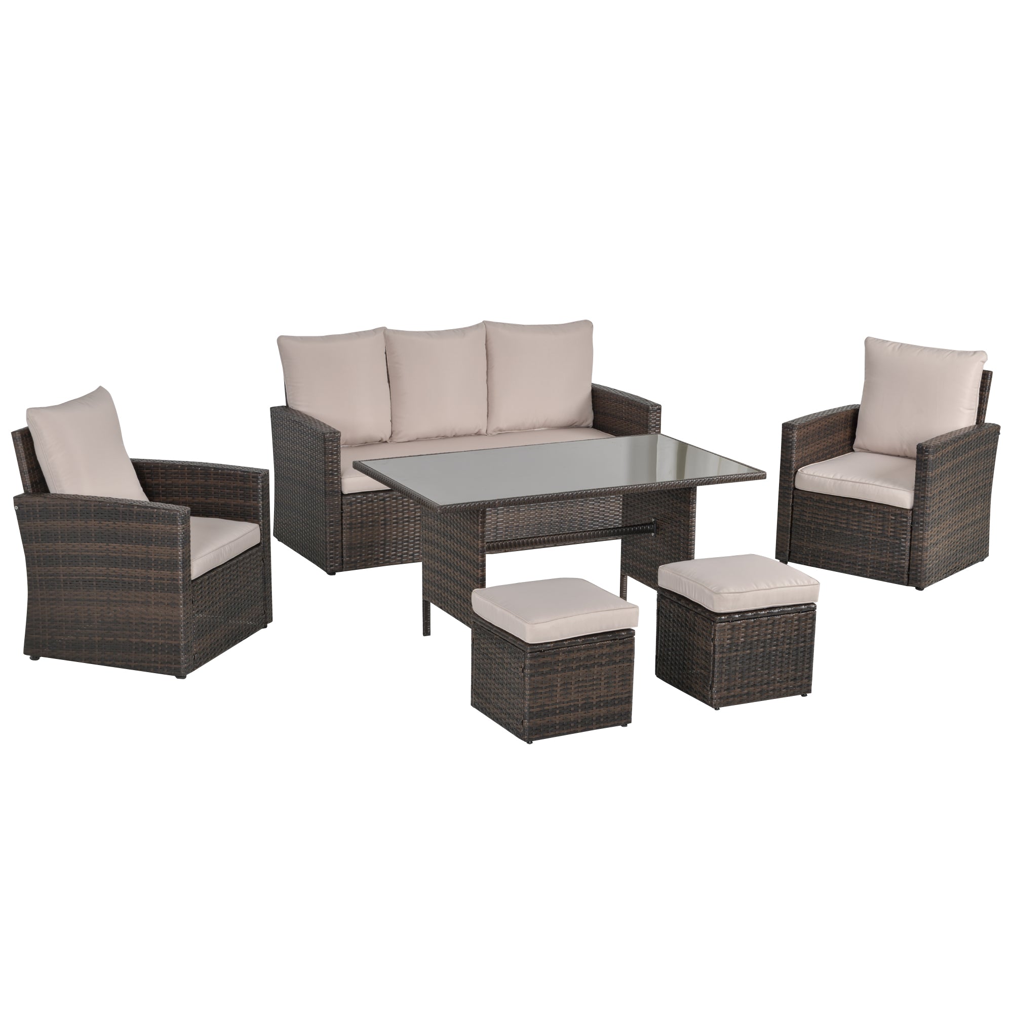 Outsunny Six-Piece Rattan Sofa Set, with Glass-Top Table - Mixed Brown - North Peak Garden Furniture