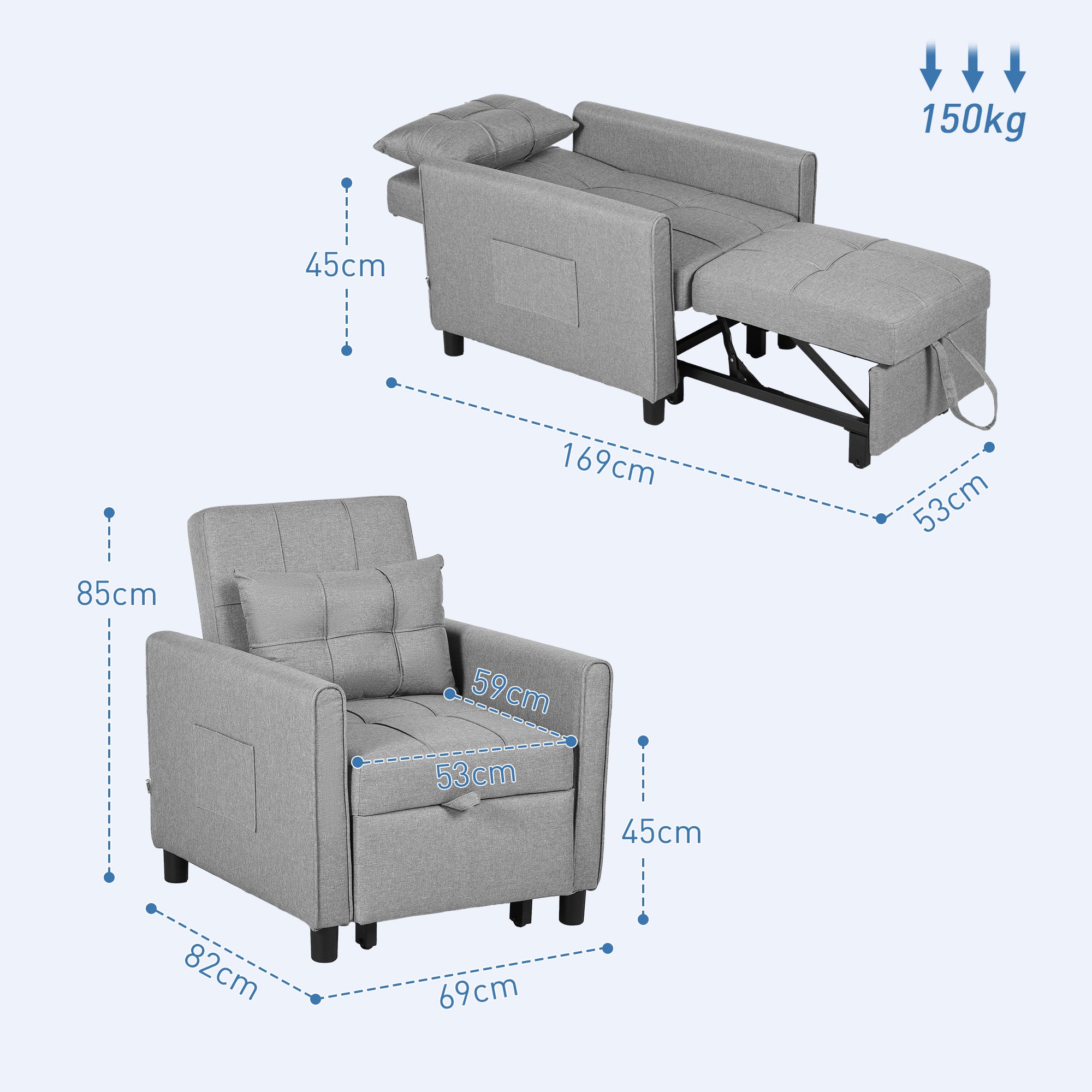 HOMCOM 3-In-1 Convertible Chair Bed, Pull Out Sleeper Chair with Adjustable Backrest, Side Pockets, Light Grey - North Peak Garden Furniture