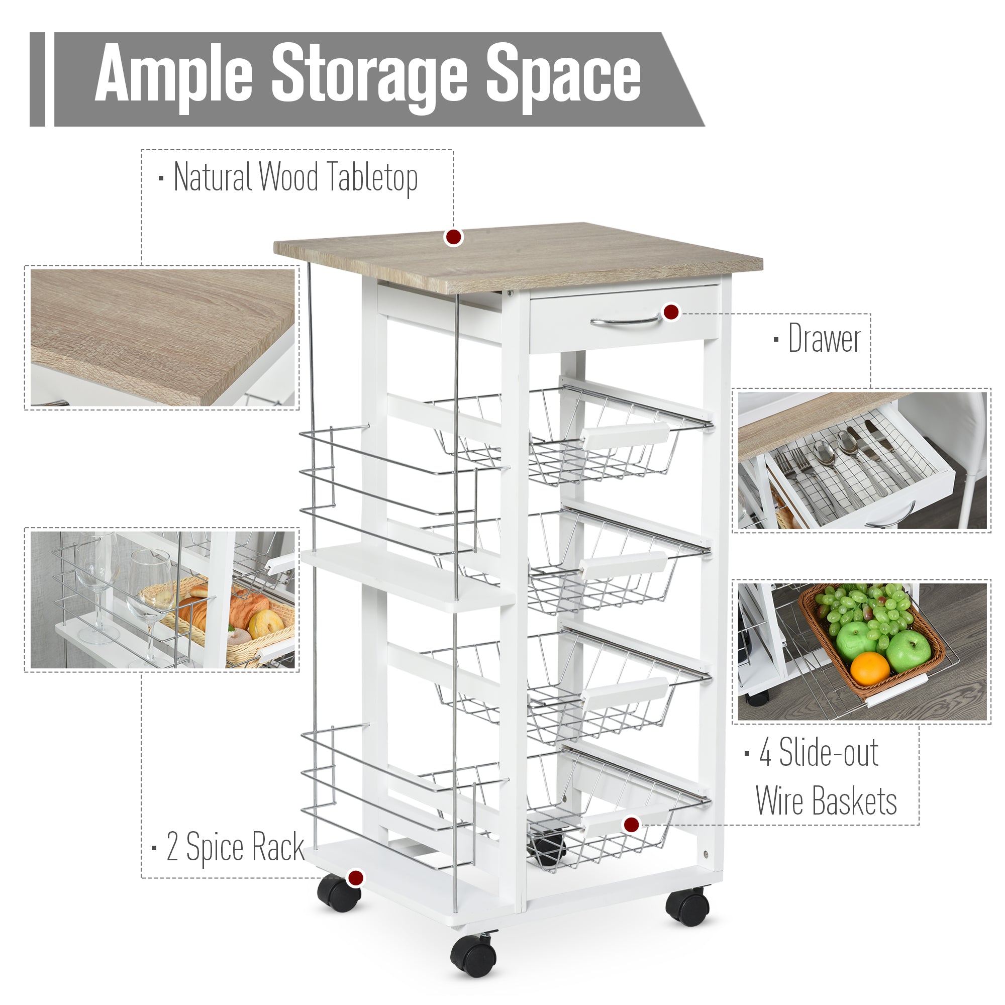 HOMCOM Rolling Kitchen Cart, Utility Storage Cart with 4 Basket Drawers & Side Racks, Wheels for Dining Room, Natural and White