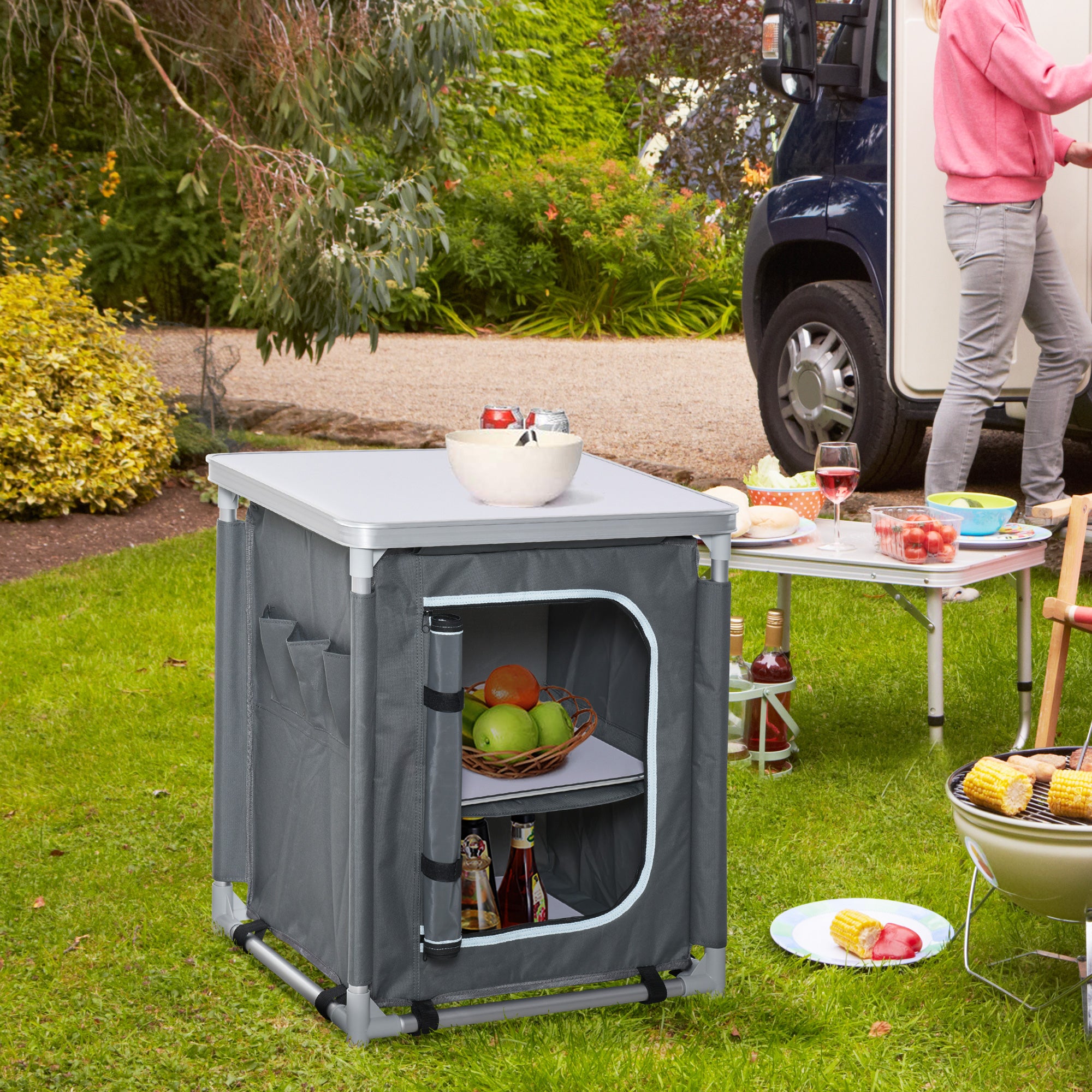 Outsunny 2-Shelf Camping Cupboard Camping Kitchen Station Cook Table Aluminum, Storage Organiser for BBQ Party Picnics Backyards with Carrying Bag - North Peak Garden Furniture