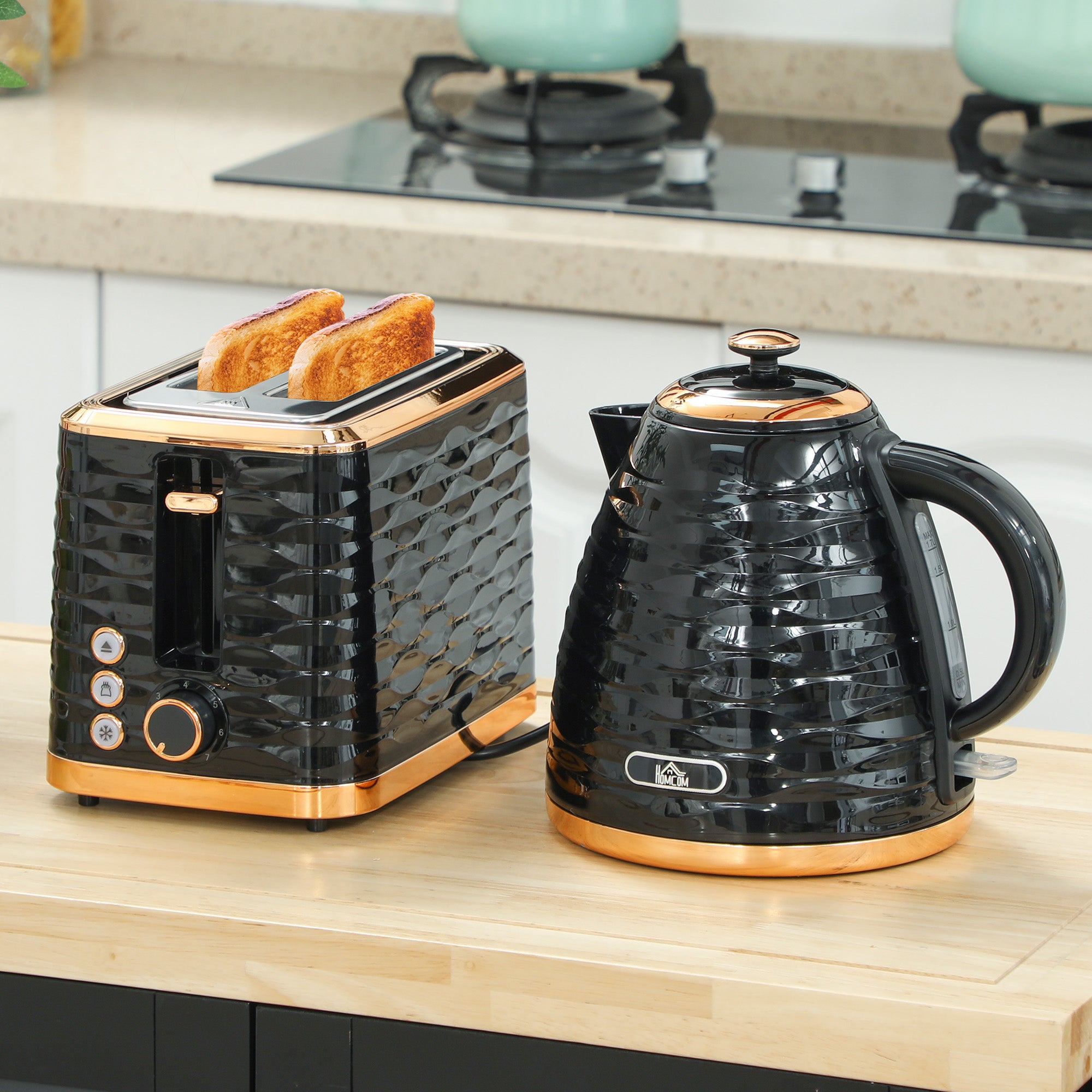 HOMCOM 3000W 1.7L Rapid Boil Kettle & 2 Slice Toaster, Kettle and Toaster Set with 7 Browning Controls and Crumb Tray, Black - North Peak Garden Furniture