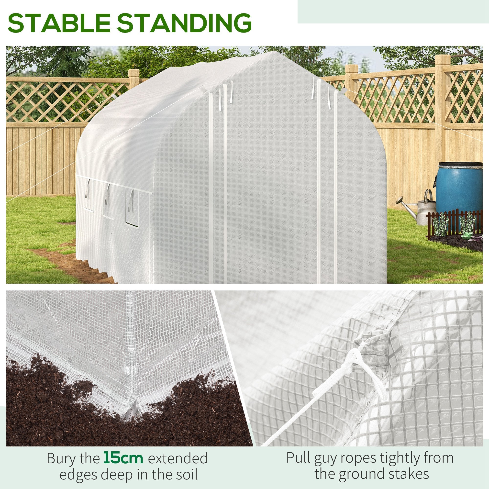 Outsunny 3 x 2(m) Walk-in Polytunnel Greenhouse, Zipped Roll Up Sidewalls, Mesh Door, 6 Mesh Windows, Tunnel Warm House Tent with PE Cover, Complimentary Plant Labels and Gloves, White - North Peak Garden Furniture