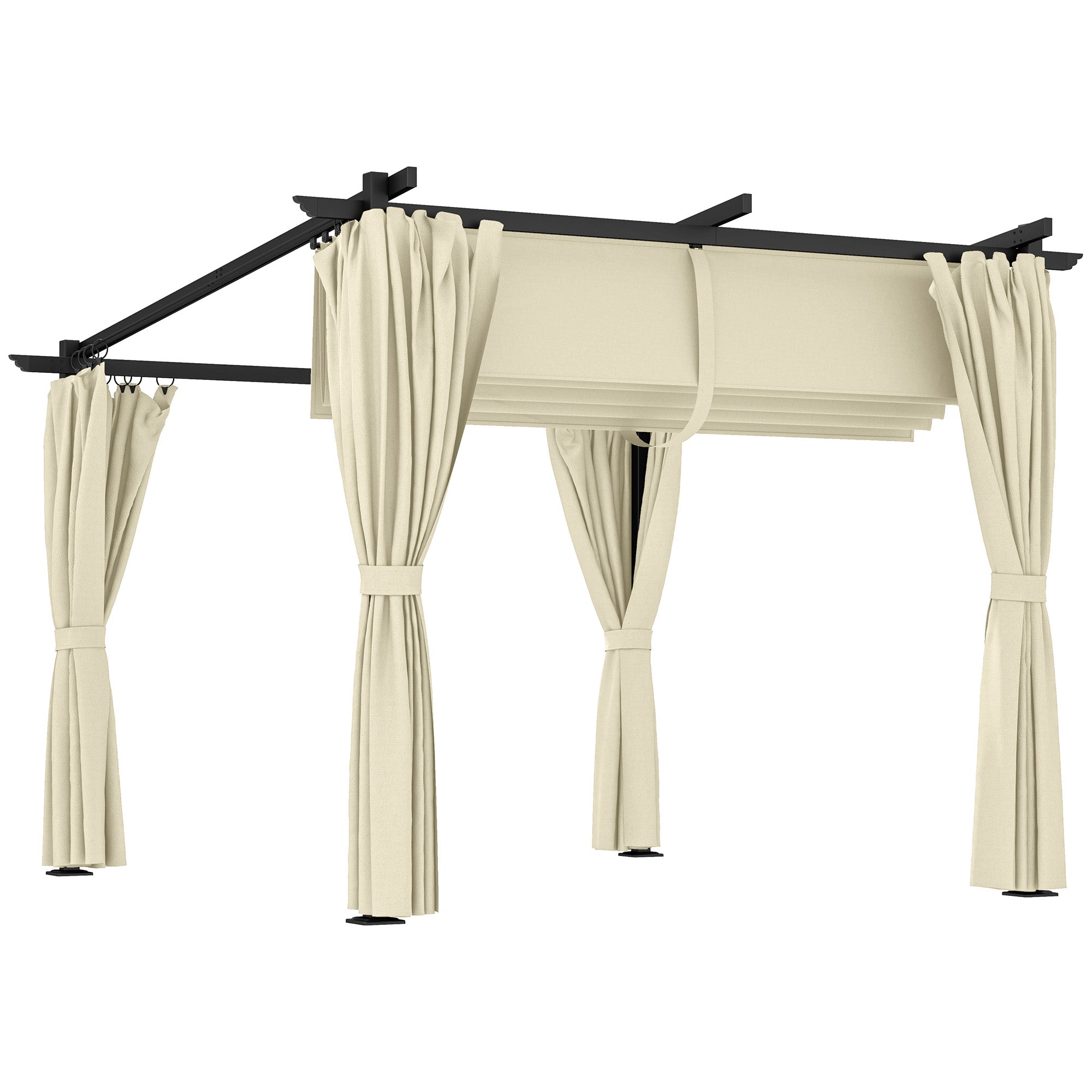 Outsunny 3 x 3 m Retractable Roof Pergola, with Curtains - Beige - North Peak Garden Furniture