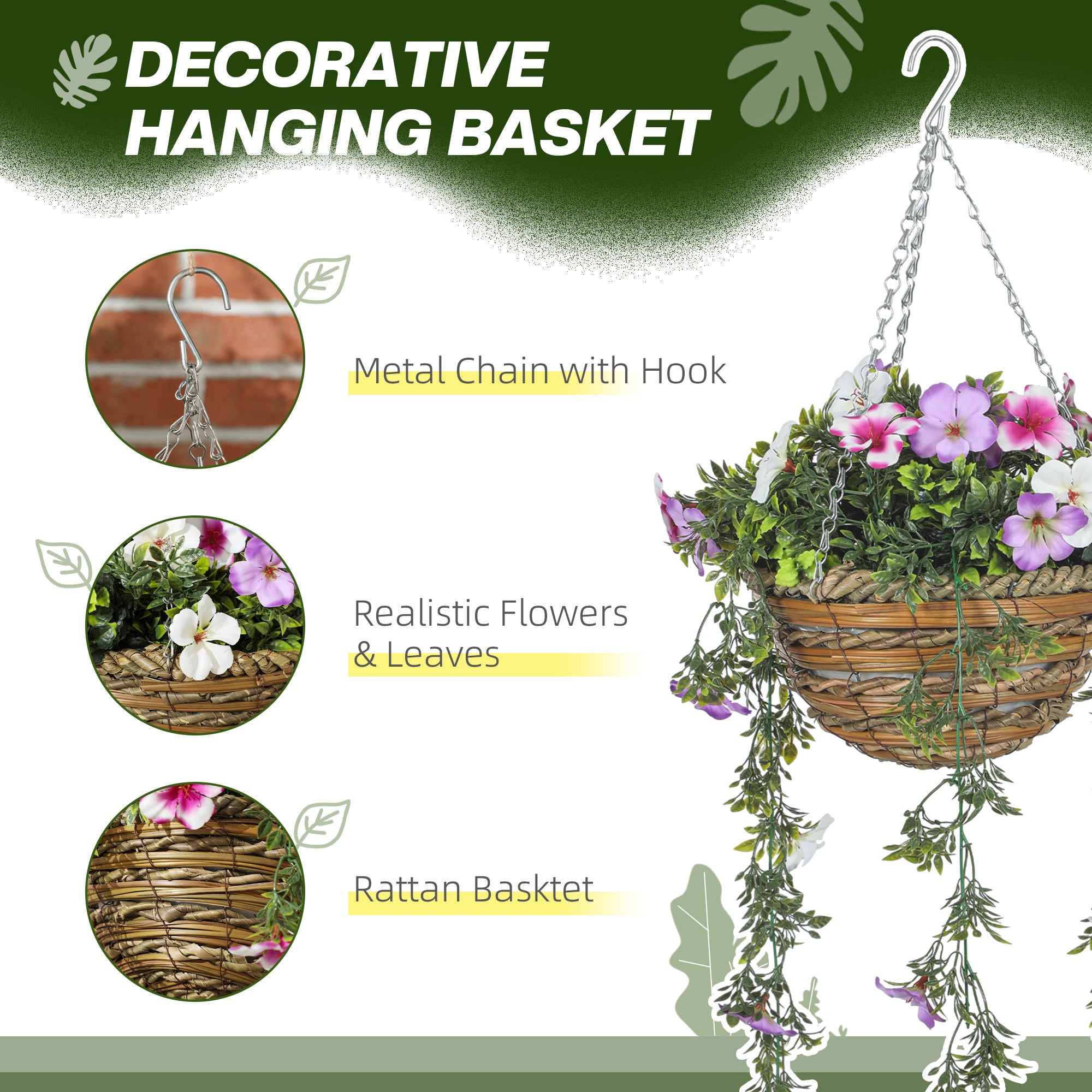 HOMCOM Set of 2 Decorative Artificial Plants, Faux Silk Azalea Flowers in Hanging Baskets, Fake Plants for Home Indoor Outdoor Decor, Pink and White - North Peak Garden Furniture