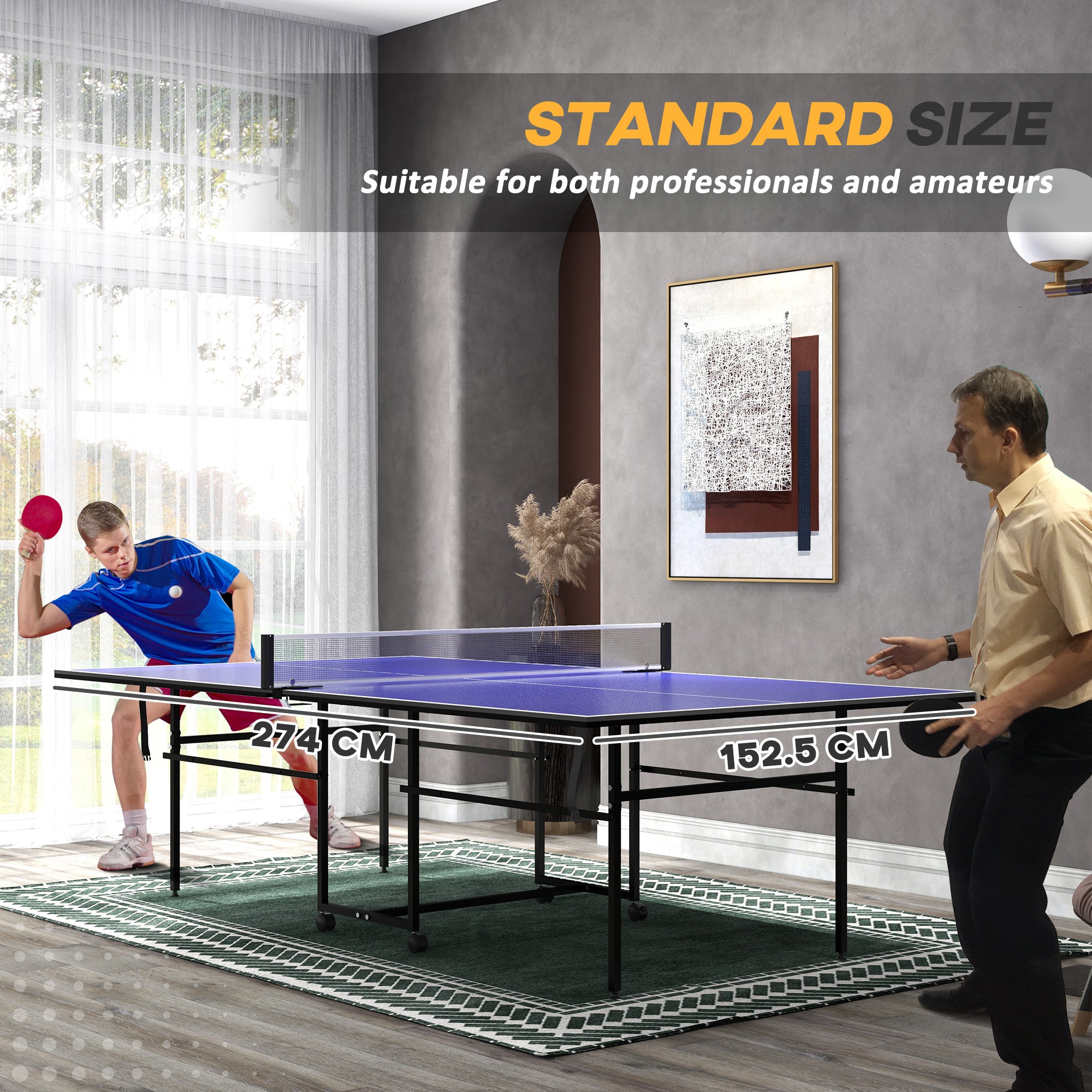 SPORTNOW 9FT Folding Table Tennis Table with 4 Wheels, for Indoor Use, Blue - North Peak Garden Furniture