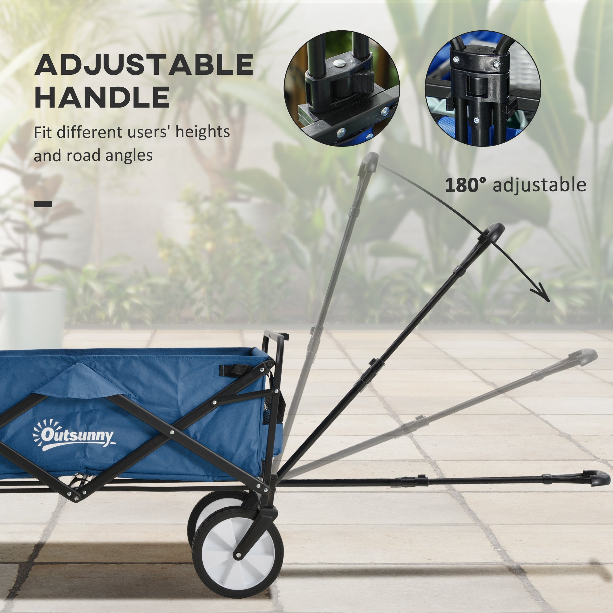 Outsunny 90L Folding Garden Trolley Cart Pull Along Wagon with Telescopic Handle for Beach Camping Festival - Navy Blue - North Peak Garden Furniture