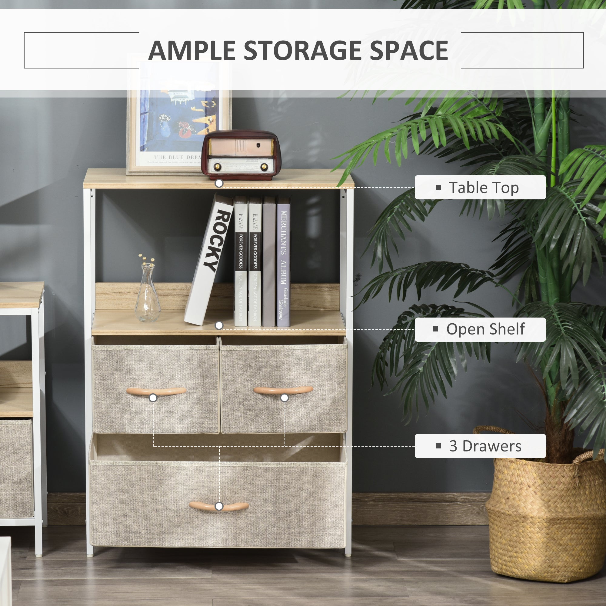 HOMCOM 3 Drawer Storage Chest Unit Home Cabinet w/ Shelves Home Living Room Bedroom Entryway Living Furniture, Light Grey - North Peak Garden Furniture