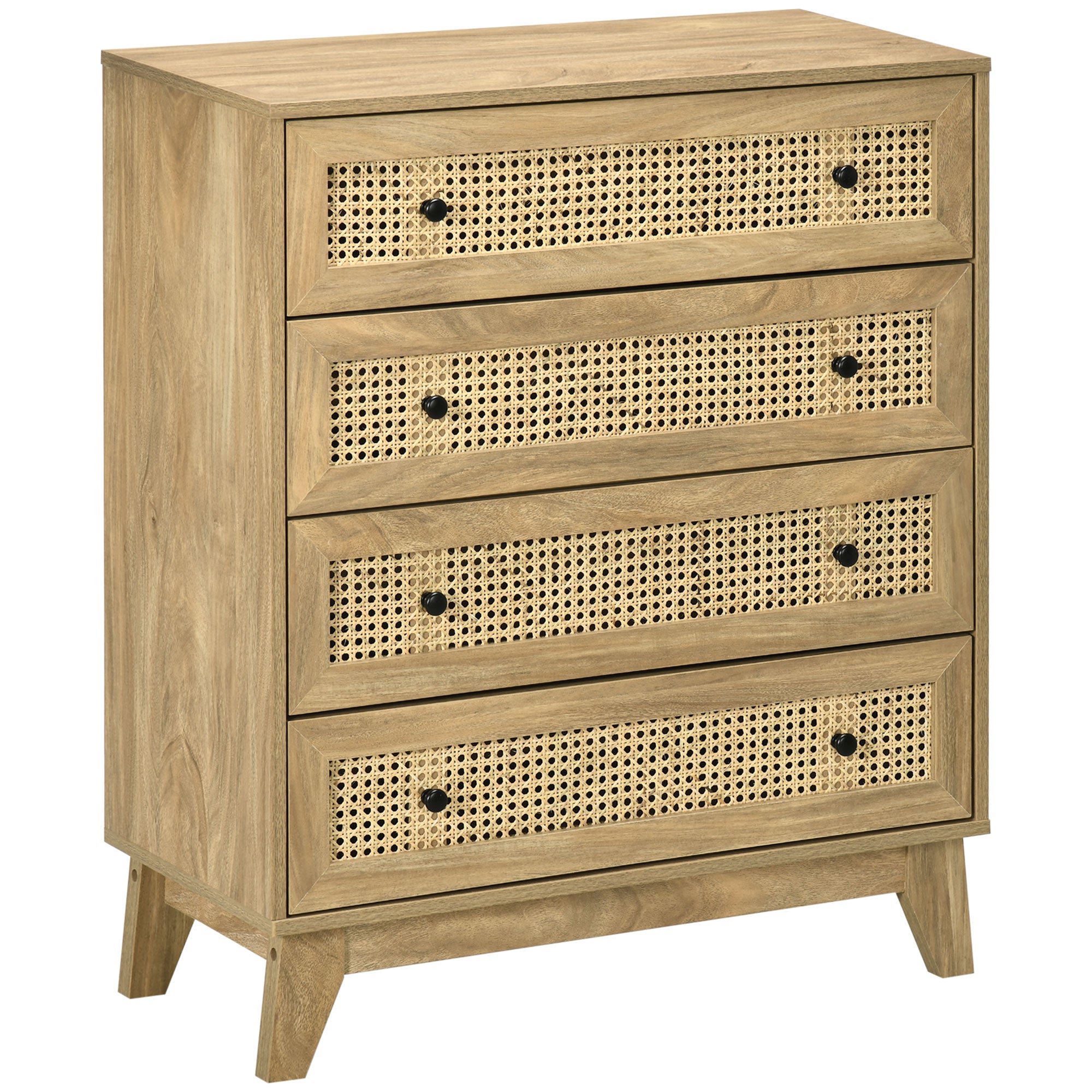 HOMCOM Storage Cabinet, 4-Drawer Unit with Rattan Element for Bedroom, Living Room, 80cmx35cmx95cm, Wood Effect - North Peak Garden Furniture