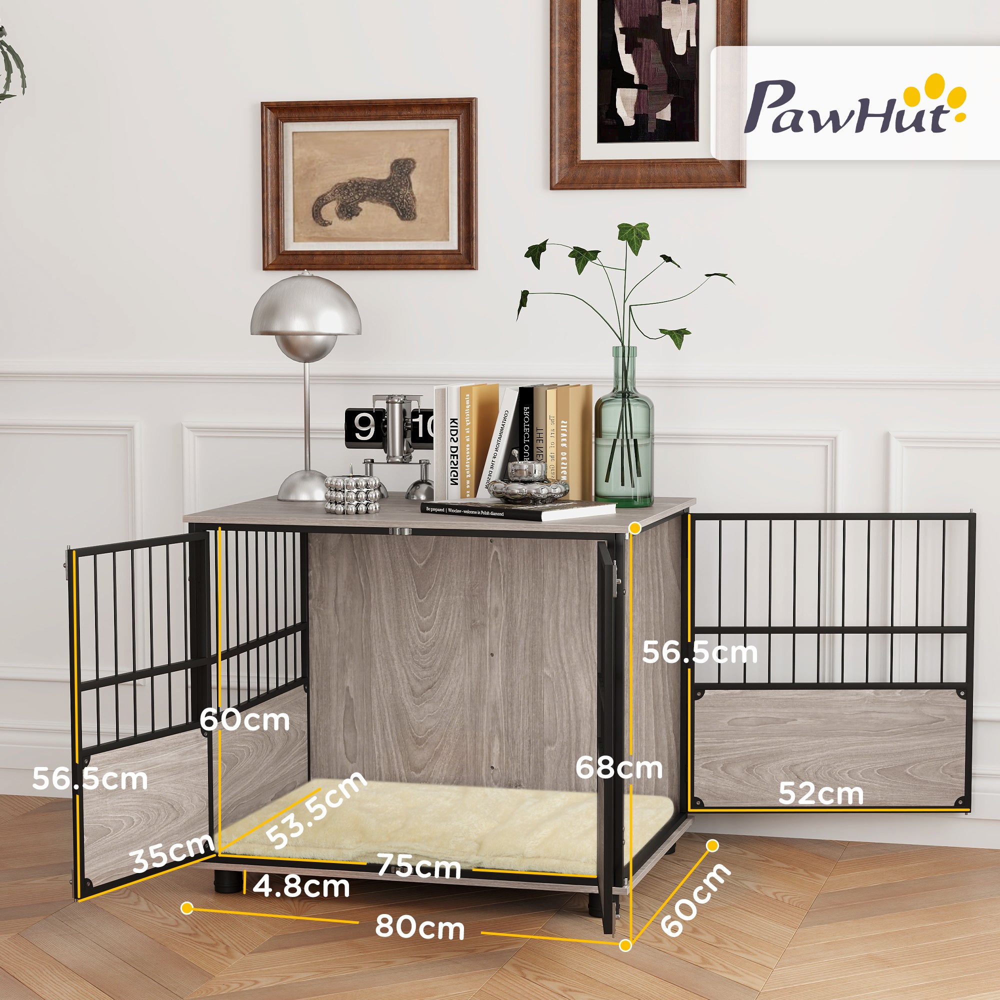 PawHut 80cm Furniture Style Dog Crate Dog Cage End Table Indoor with 3 Doors Soft Washable Cushion, for Medium Sized Dogs - North Peak Garden Furniture