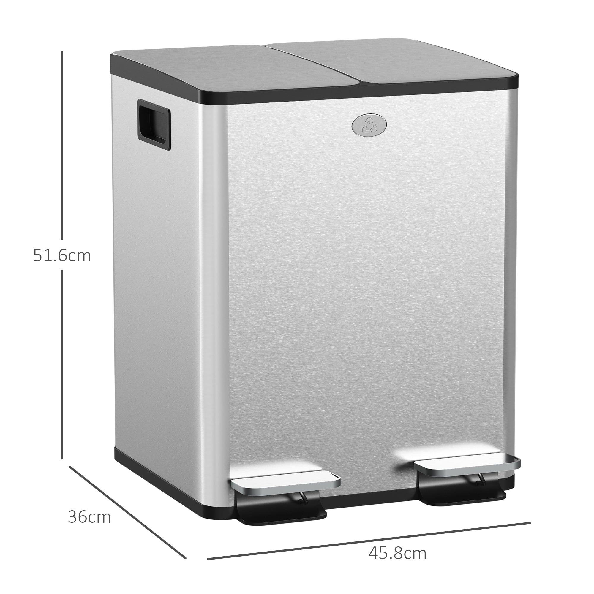 HOMCOM 40L Dual Compartment Stainless Steel Bin, with Deodoriser Holders - Silver Tone - North Peak Garden Furniture